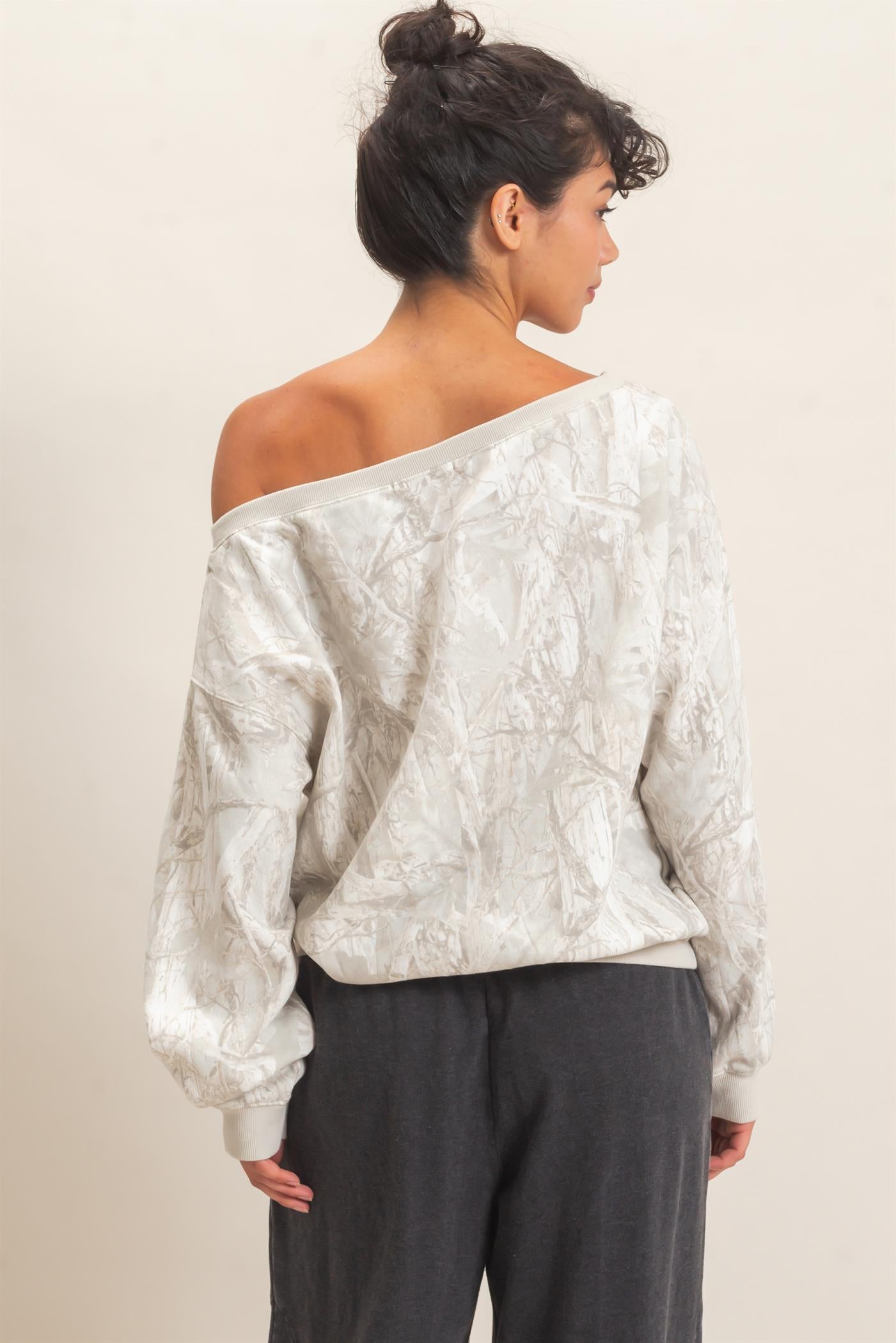 Wholesale Tree Camouflage Print Off The Shoulder Sweatshirt Sweatshirts DZ26F310 GRAY DOUBLE ZERO