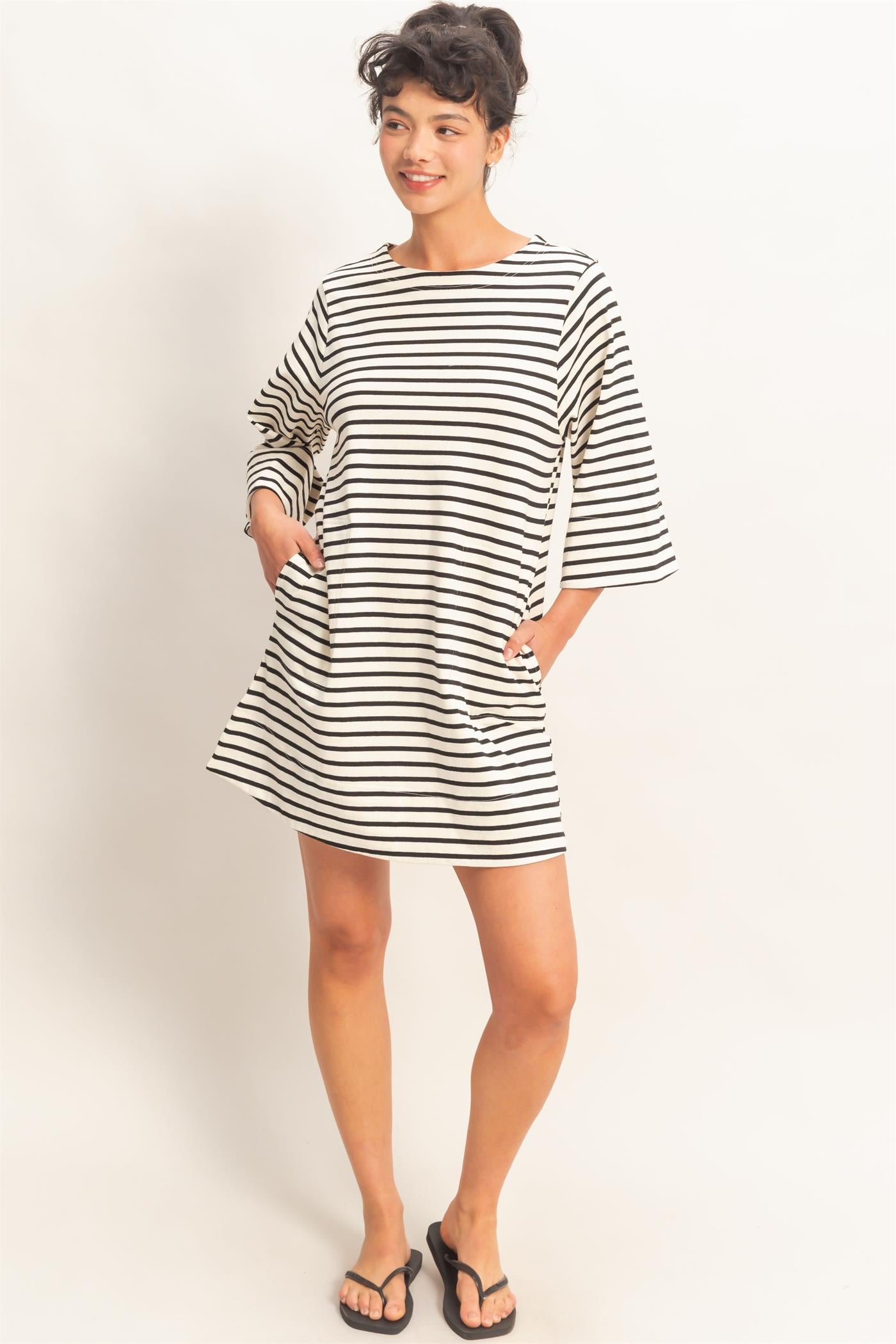 Wholesale Striped Round Neck Half-Sleeve Mini Dress Dresses DZ26A460 BLACK DOUBLE ZERO