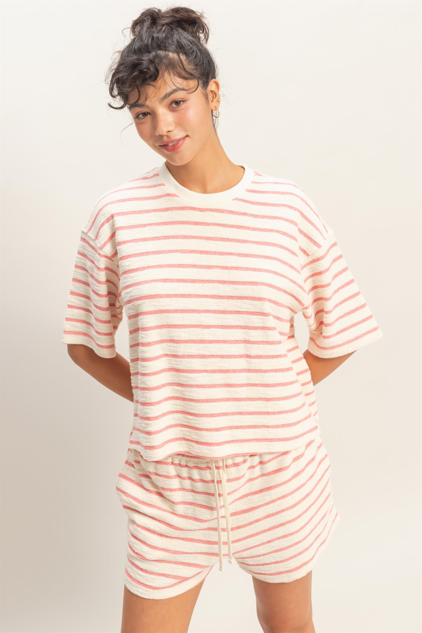 Wholesale Striped Short Sleeve Terry Crew Neck Top Clothing Tops DZ26A887 RED DOUBLE ZERO
