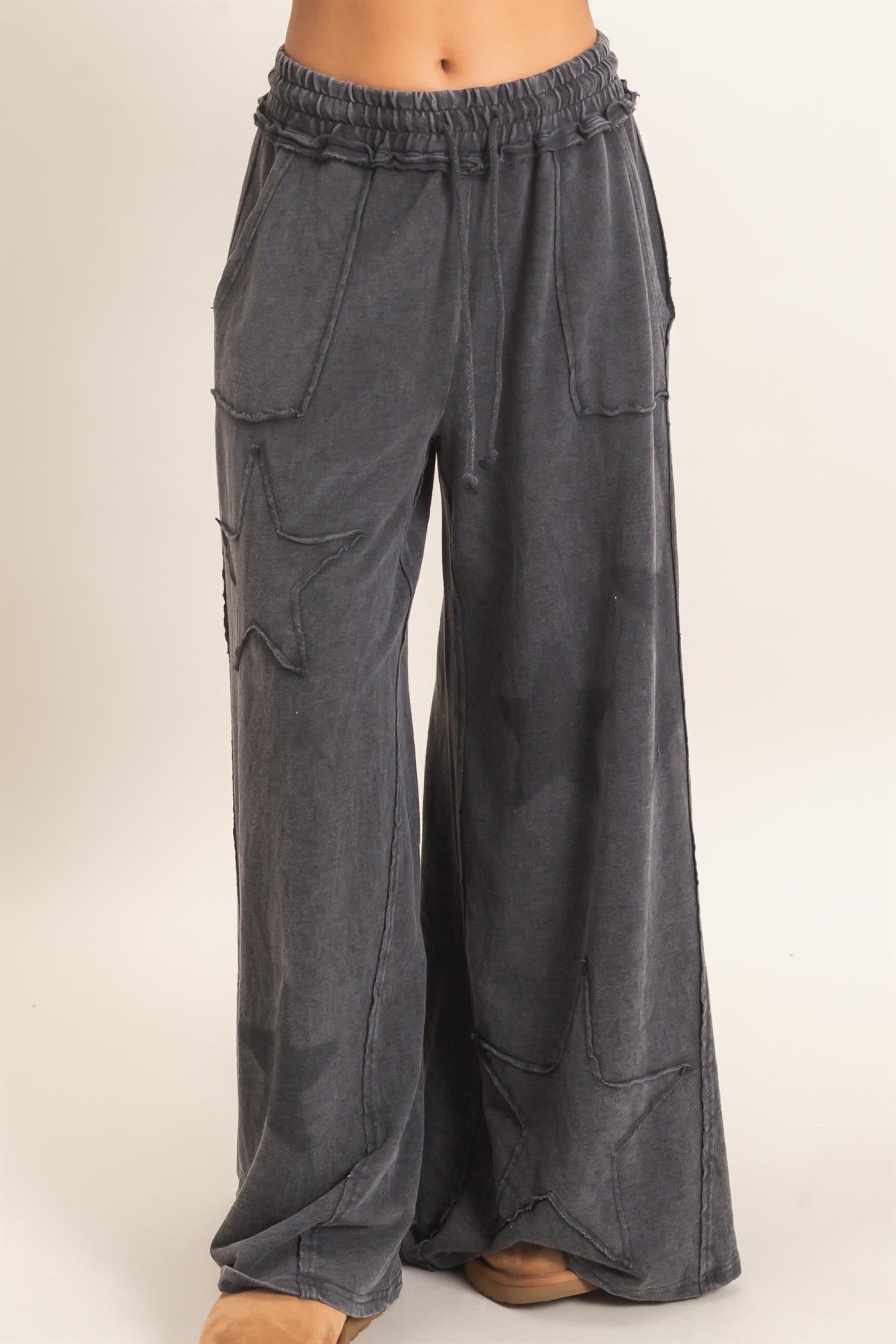 Wholesale Mineral Wash Star Patch And Print Wide Leg Pants Pants DZ26F060 BLACK DOUBLE ZERO