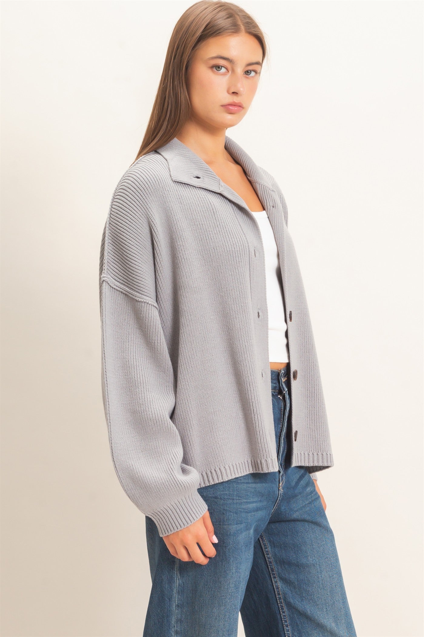 Wholesale High Neck Oversized Cardigan Cardigans DZ26E280 GRAY DOUBLE ZERO