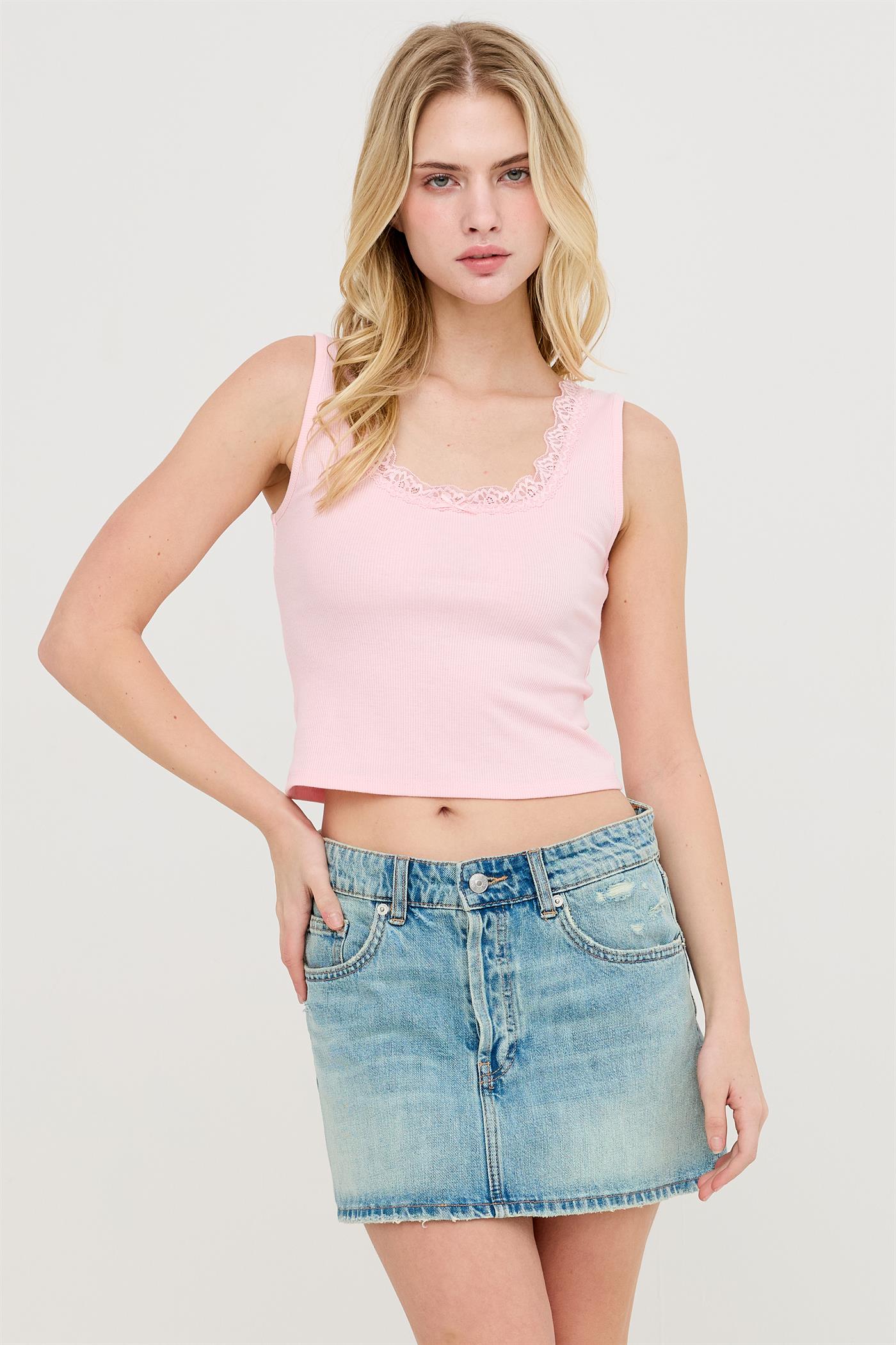 Wholesale Lace Trim Ribbed Tank Top Clothing Tops HF26A295 L.PINK HYFVE