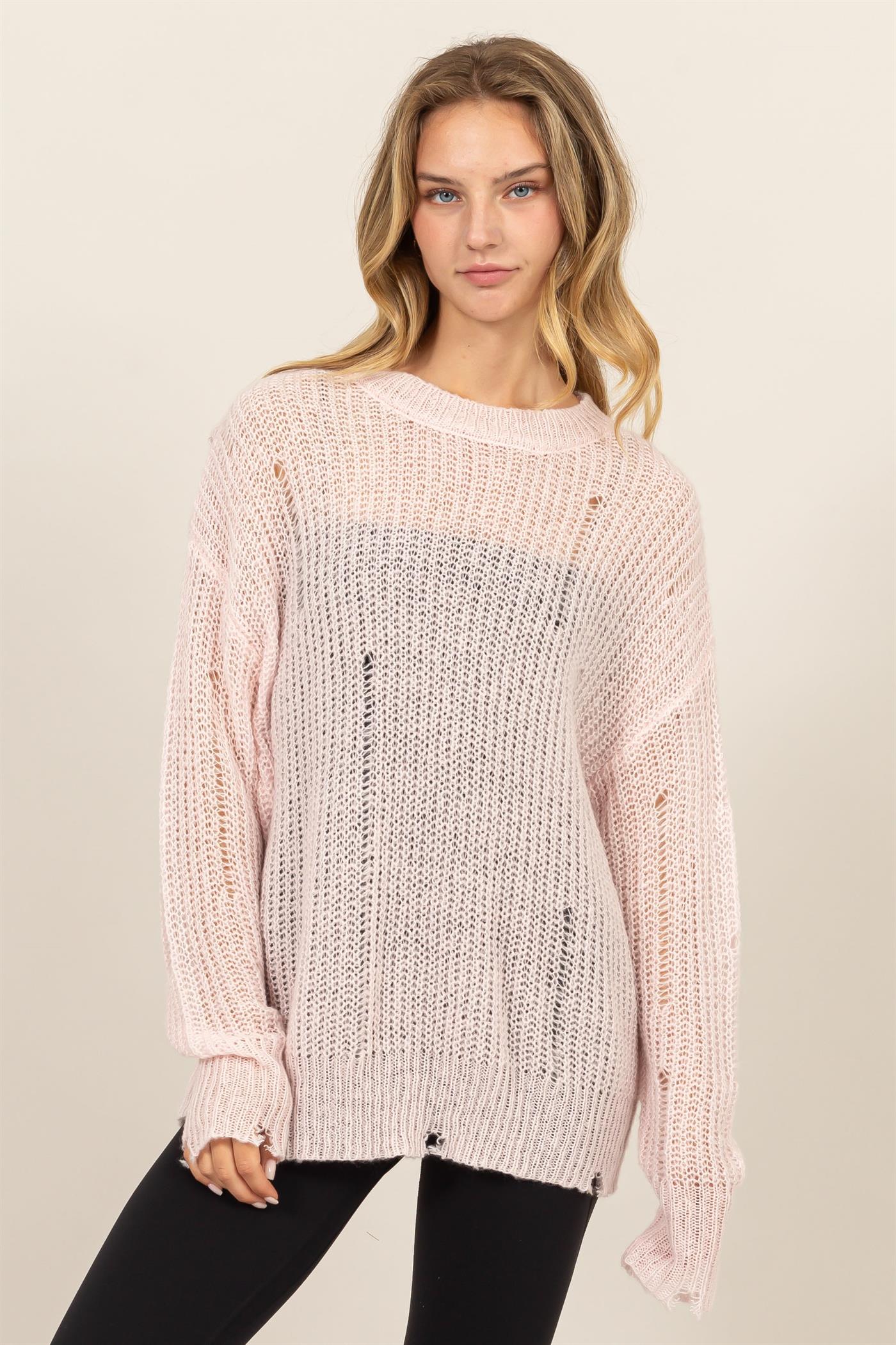 Wholesale Distressed Knit Sweater Sweaters DZ23F192 PALE PINK DOUBLE ZERO