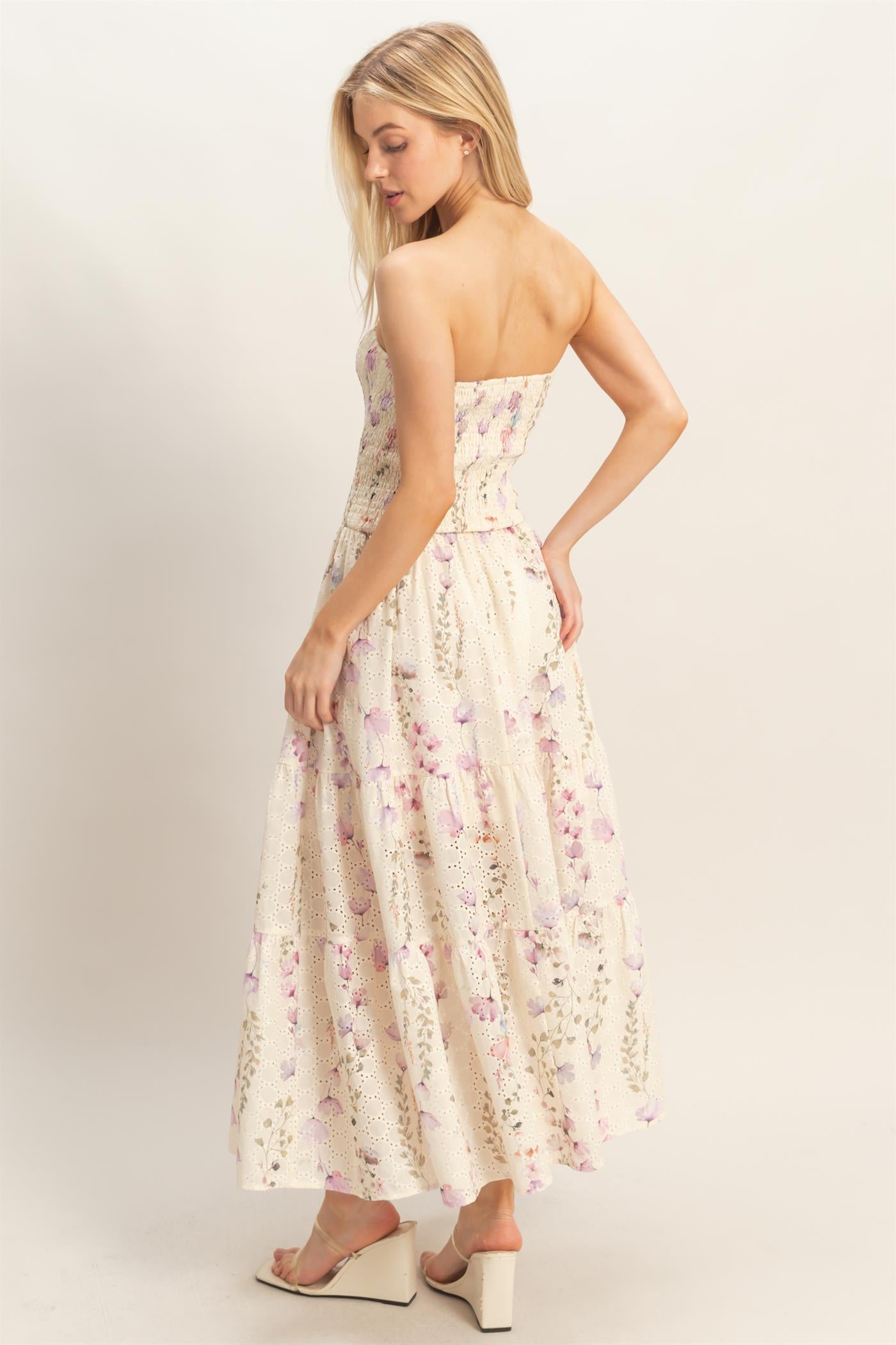 Wholesale Strapless Smocked Floral Dress Dresses HF25E642-D YELLOW HYFVE