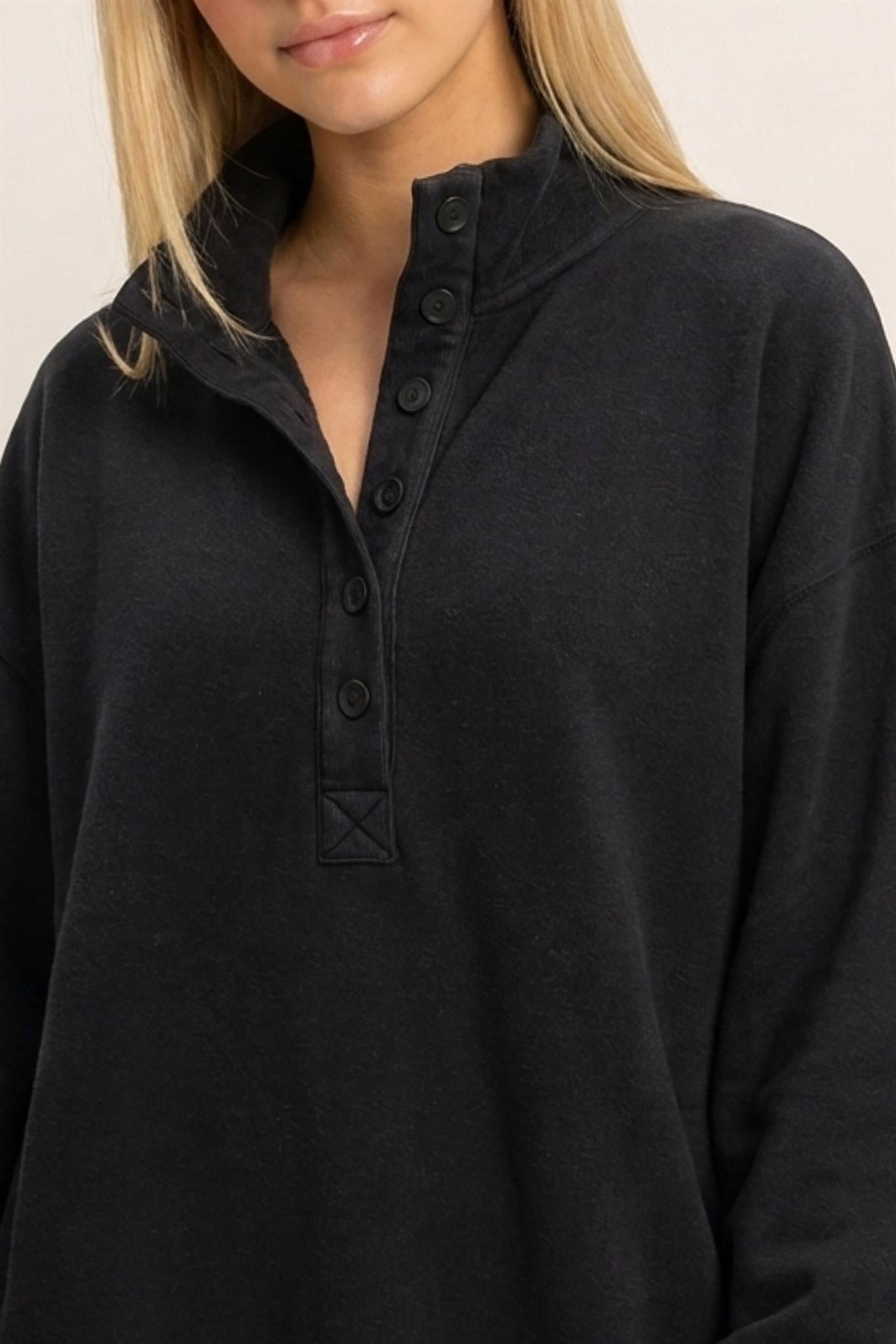 Wholesale Mineral Wash Button Front Sweatshirt Sweatshirts DZ26C909 BLACK DOUBLE ZERO