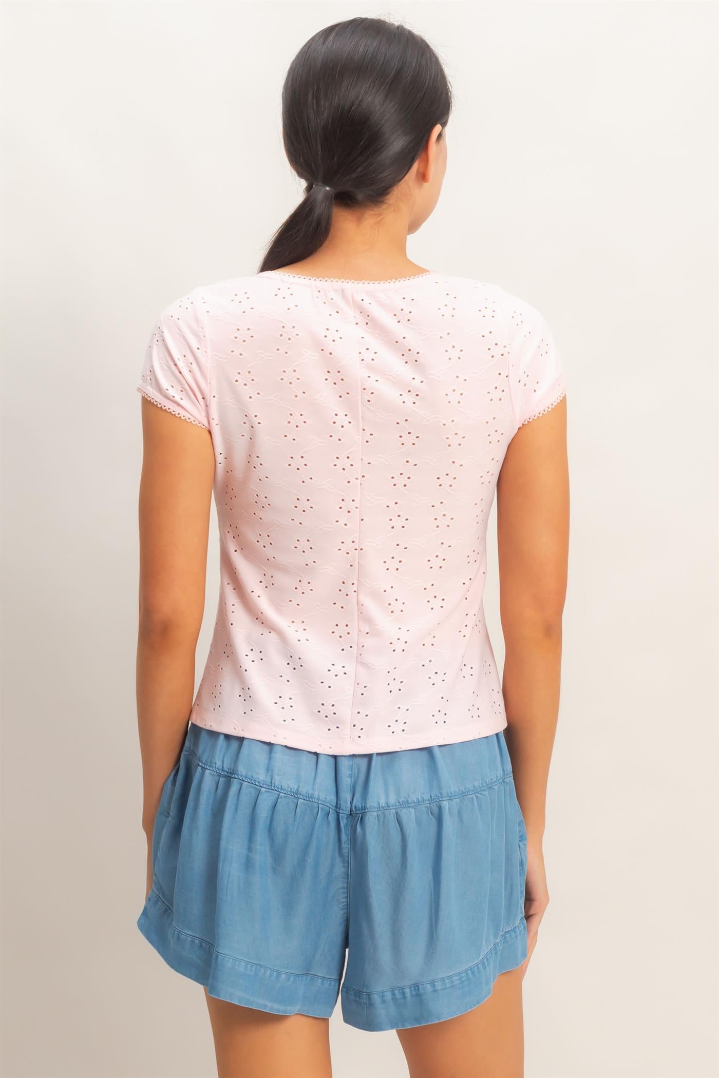 Wholesale Eyelet Button Front Knit Top Clothing Tops HF26C094 PINK HYFVE
