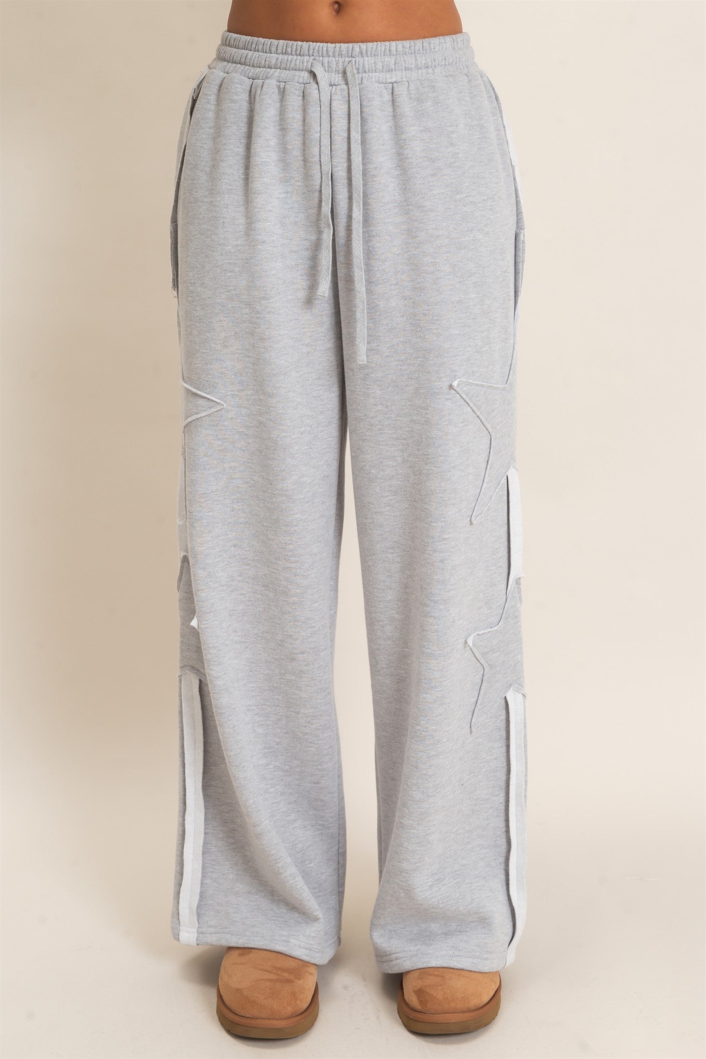 Wholesale French Terry Star Patch Sweatpants Pants DZ27A197 HEATHER GRAY DOUBLE ZERO