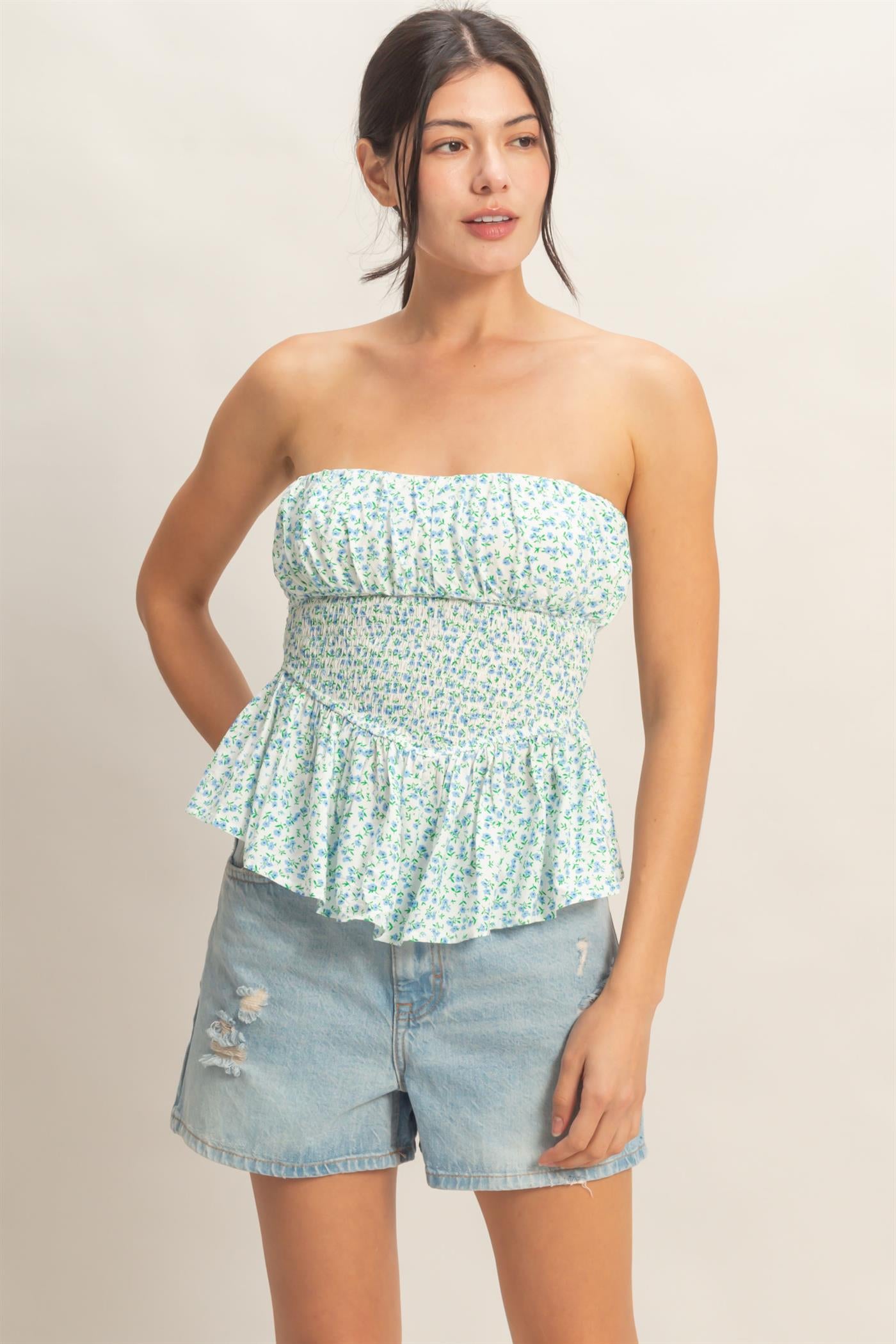 Wholesale Floral Strapless Smocked Top Shirts HF26A868 BLUE HYFVE