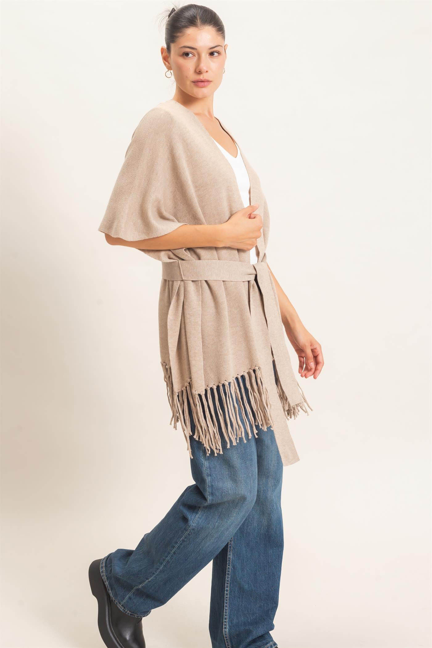 Wholesale Fringe Hem Kimono Sweater Kimonos HF26E041 CAMEL HYFVE