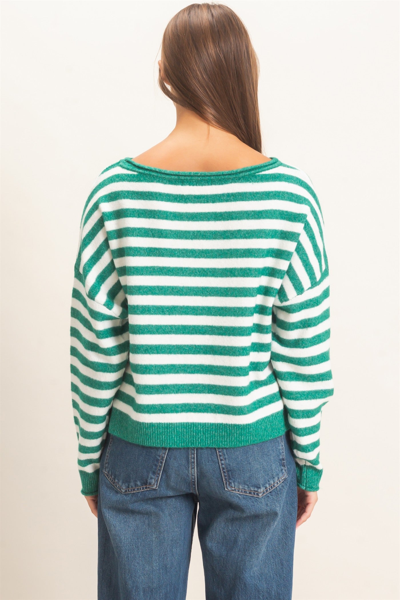Wholesale Off The Shoulder Striped Sweater Sweaters DZ26E653 EMERALD DOUBLE ZERO