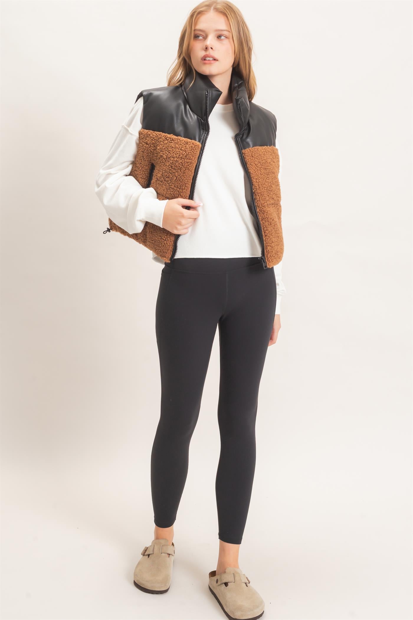 Wholesale Faux Fur & Pu Padded Vest Outerwear HF26F204 LIGHT BROWN HYFVE