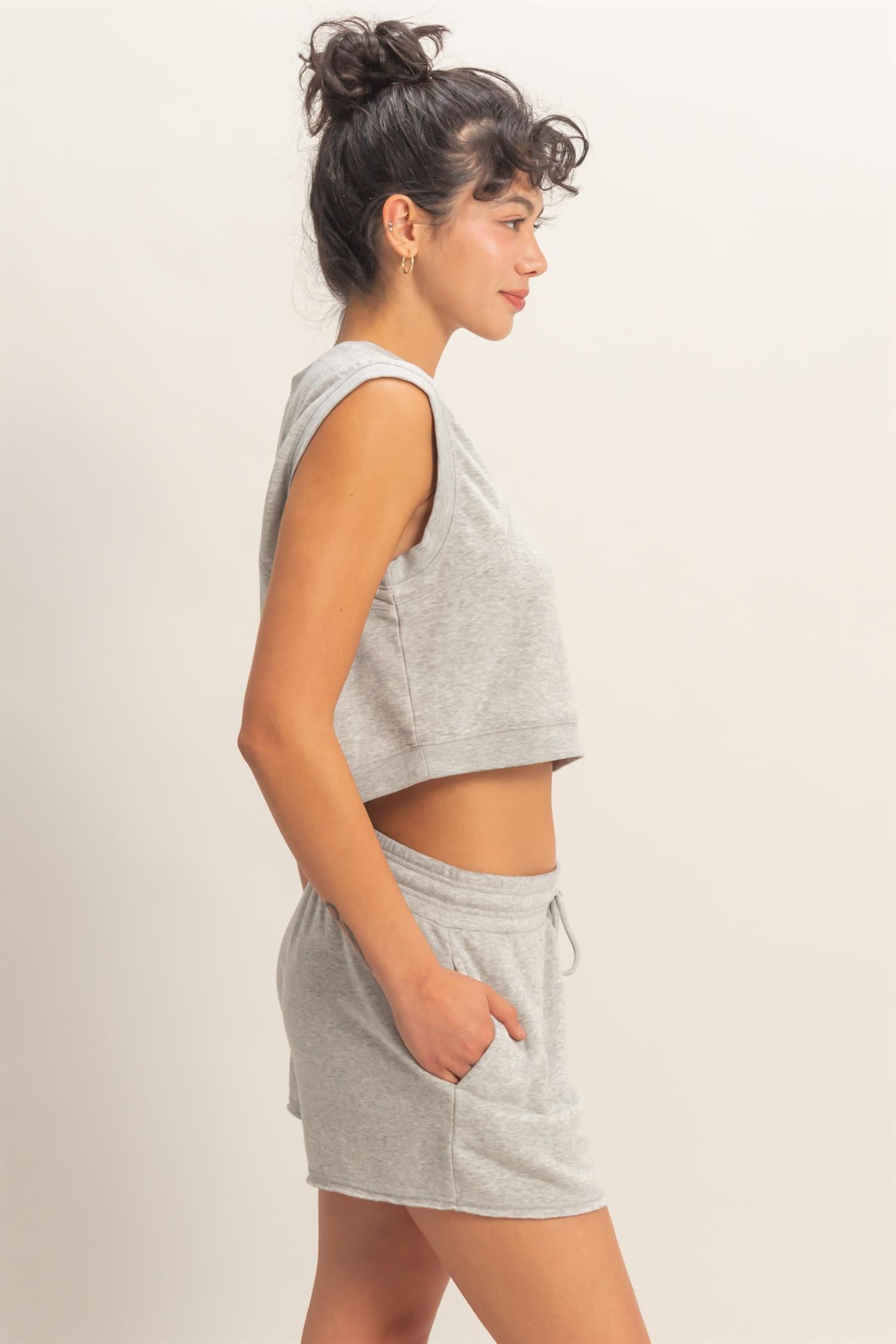 Wholesale Burnout French Terry Sleeveless Top & Shorts Set Clothing Tops DZ26A171-SET HEATHER GRAY DOUBLE ZERO