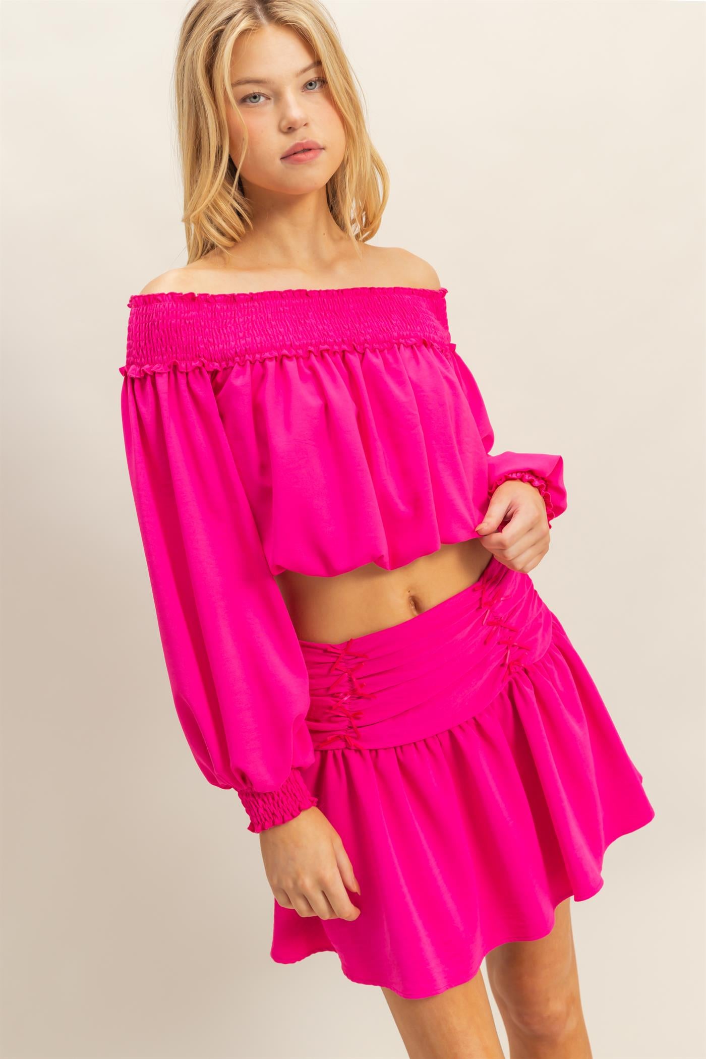 Wholesale Romantic Off Shoulder Top And Gathered Skirt Set Clothing HF25A243-SET FUCHSIA HYFVE