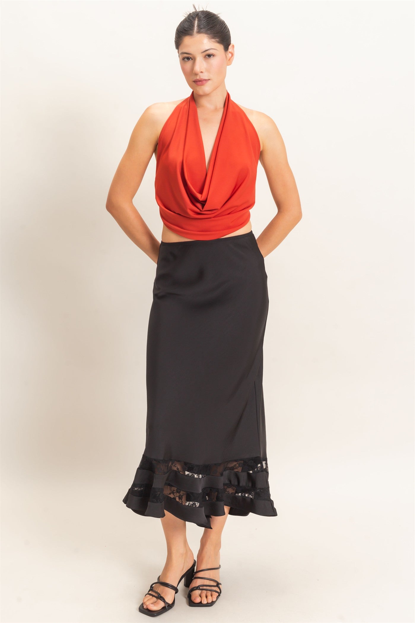 Wholesale Draped Halter Neck Top Blouses HF26F076 RUST HYFVE