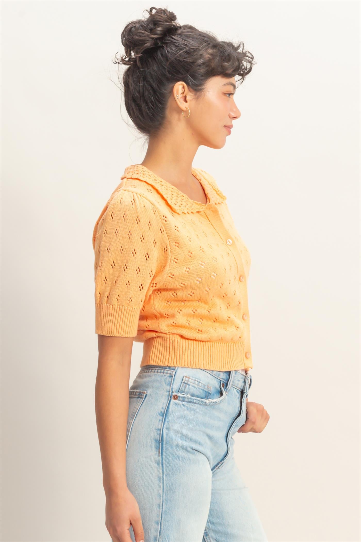 Wholesale Pointelle Collar Button-Up Puff Sleeve Knit Top Clothing Tops DZ26A748 APRICOT HYFVE