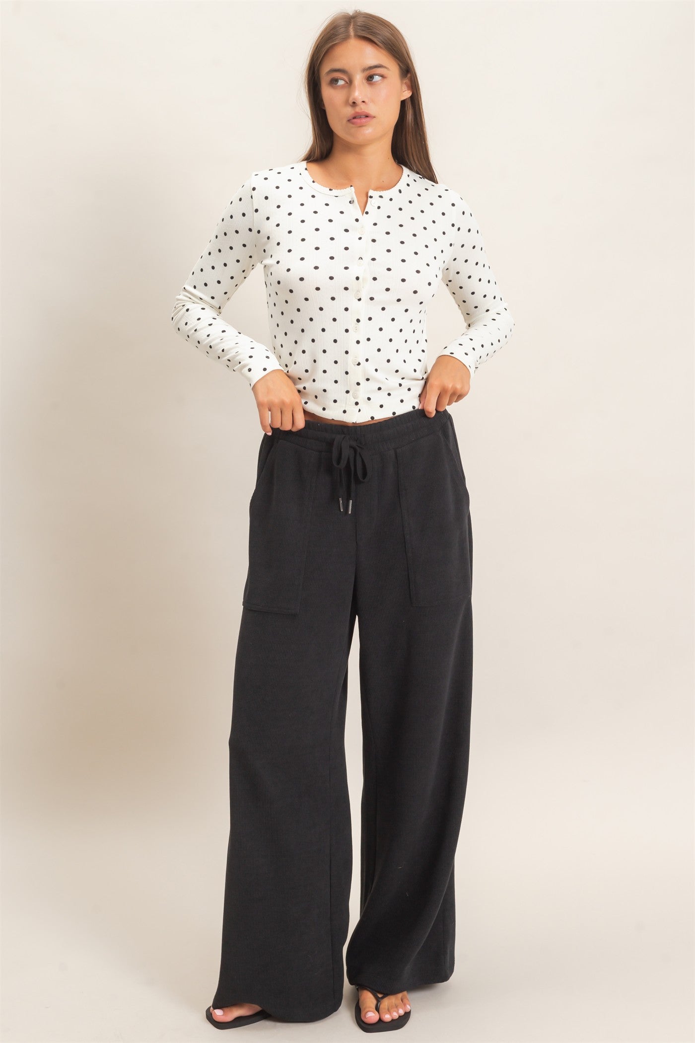 Wholesale Polka Dot Button Front Long Sleeve Top Clothing Tops DZ27A156 CREAM DOUBLE ZERO