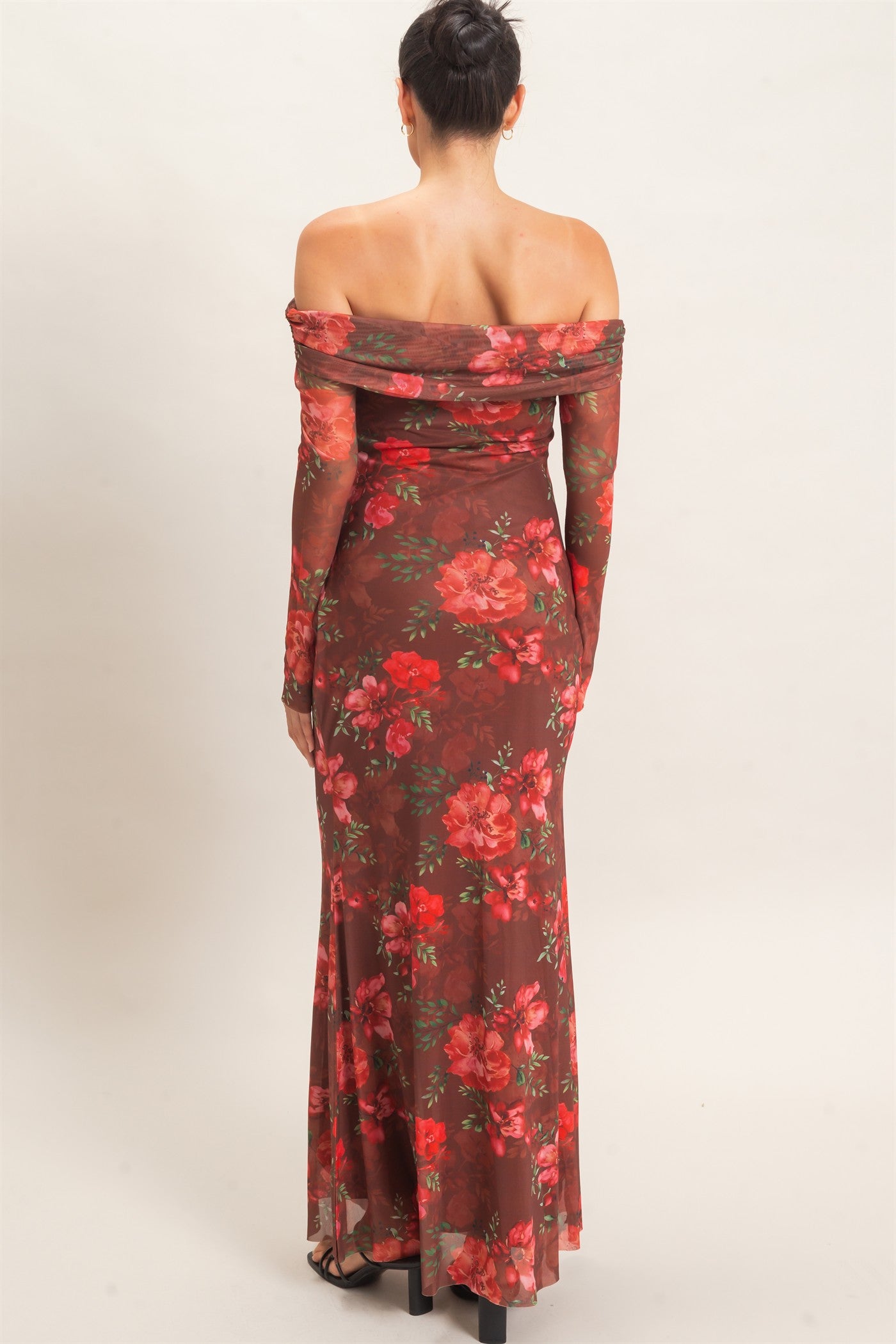 Wholesale Off Shoulder Floral Mesh Dress Dresses HF26E008 BROWN HYFVE