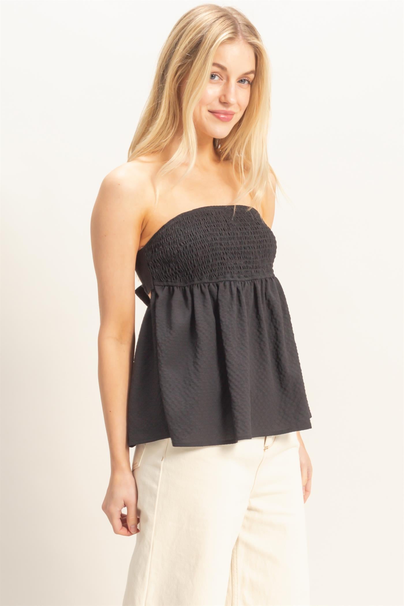 Wholesale Smocked Tube Top With Tie Back Clothing Tops HF26A757 BLACK HYFVE