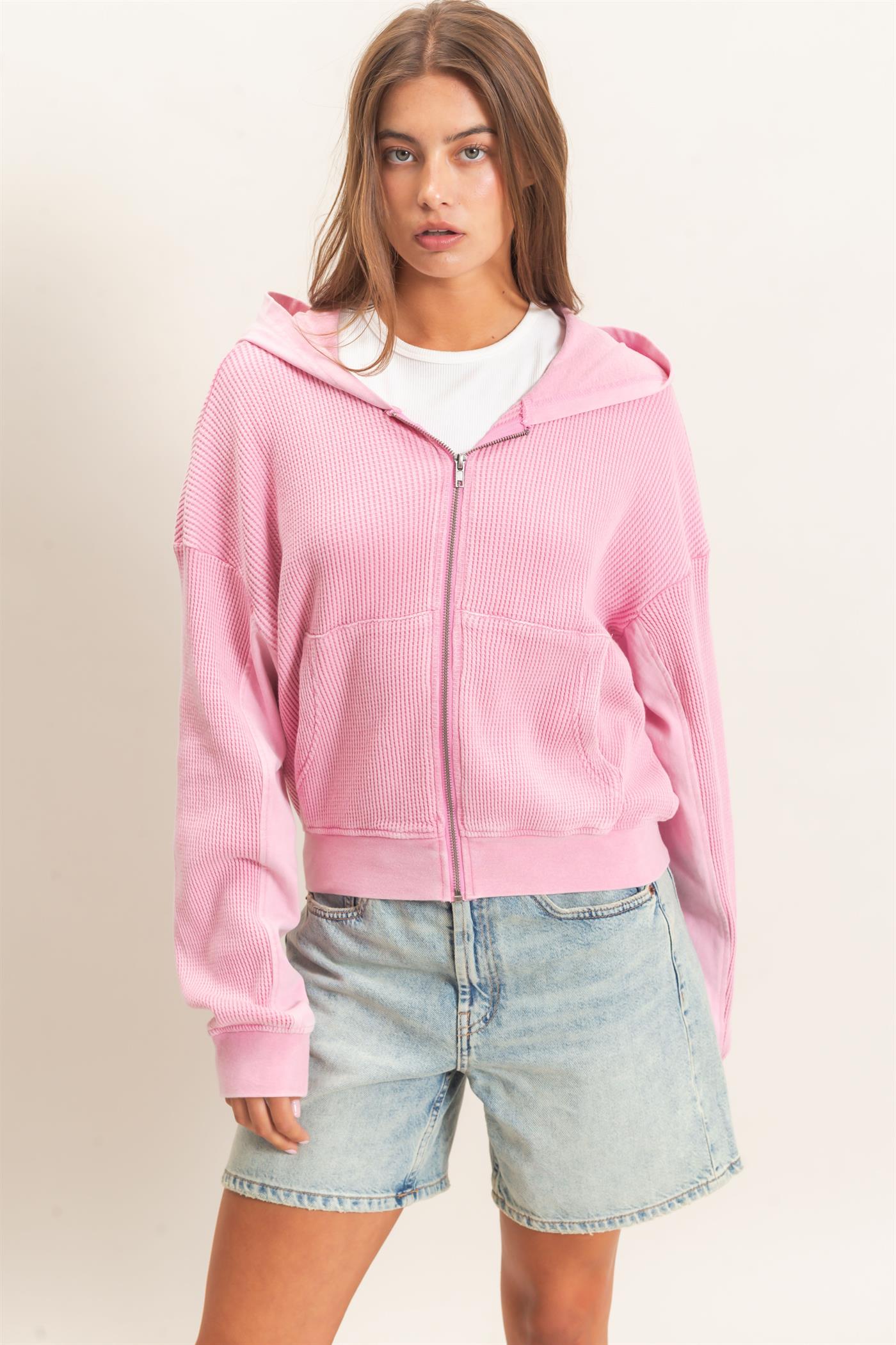 Wholesale Acid Wash Waffle Knit Zip-Up Hoodie Hoodies DZ26E401 PINK DOUBLE ZERO
