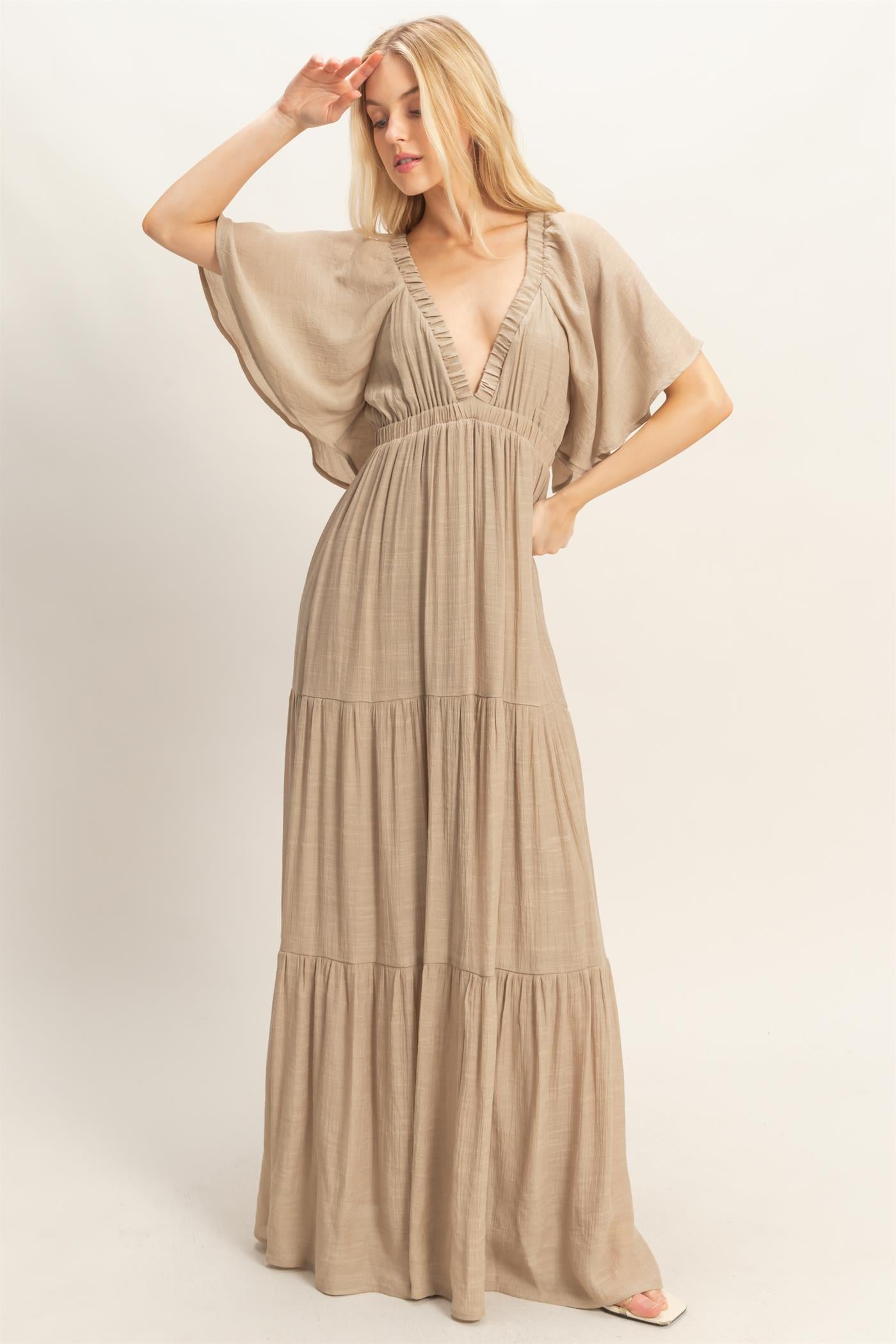 Wholesale Flutter Sleeve Maxi Dress Dresses HF26C285-D TAUPE HYFVE