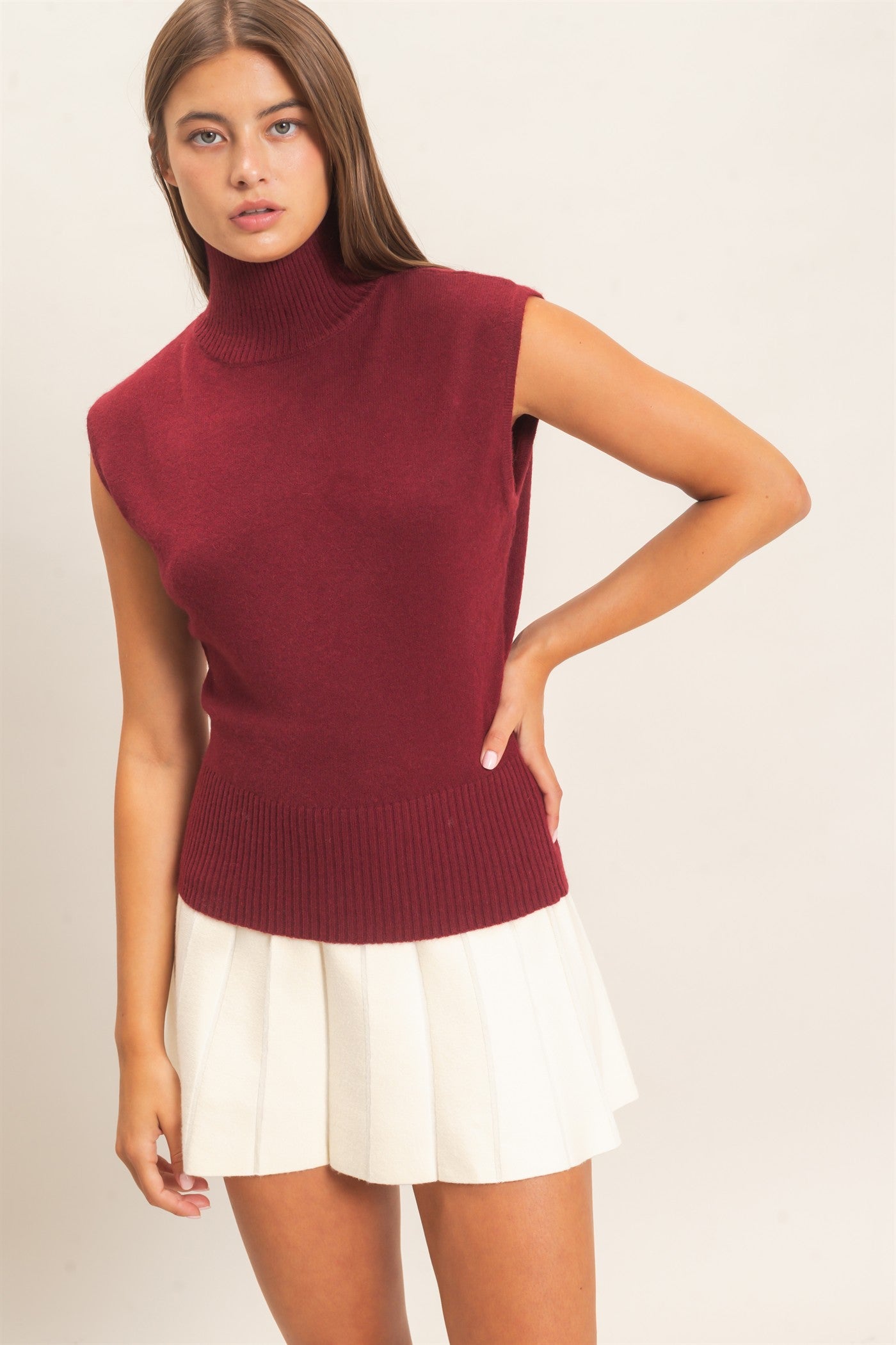 Wholesale Sleeveless High Neck Knit Top Clothing Tops DZ26E946 BURGUNDY DOUBLE ZERO