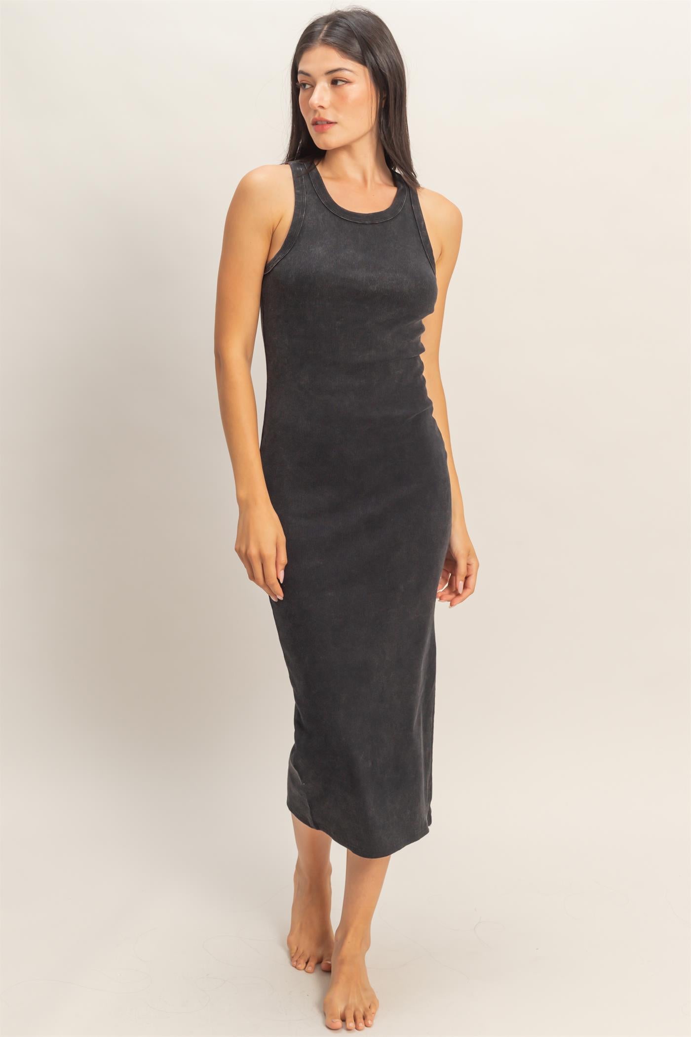 Wholesale Acid Washed Ribbed Midi Tank Dress Dresses DZ26C060 BLACK DOUBLE ZERO