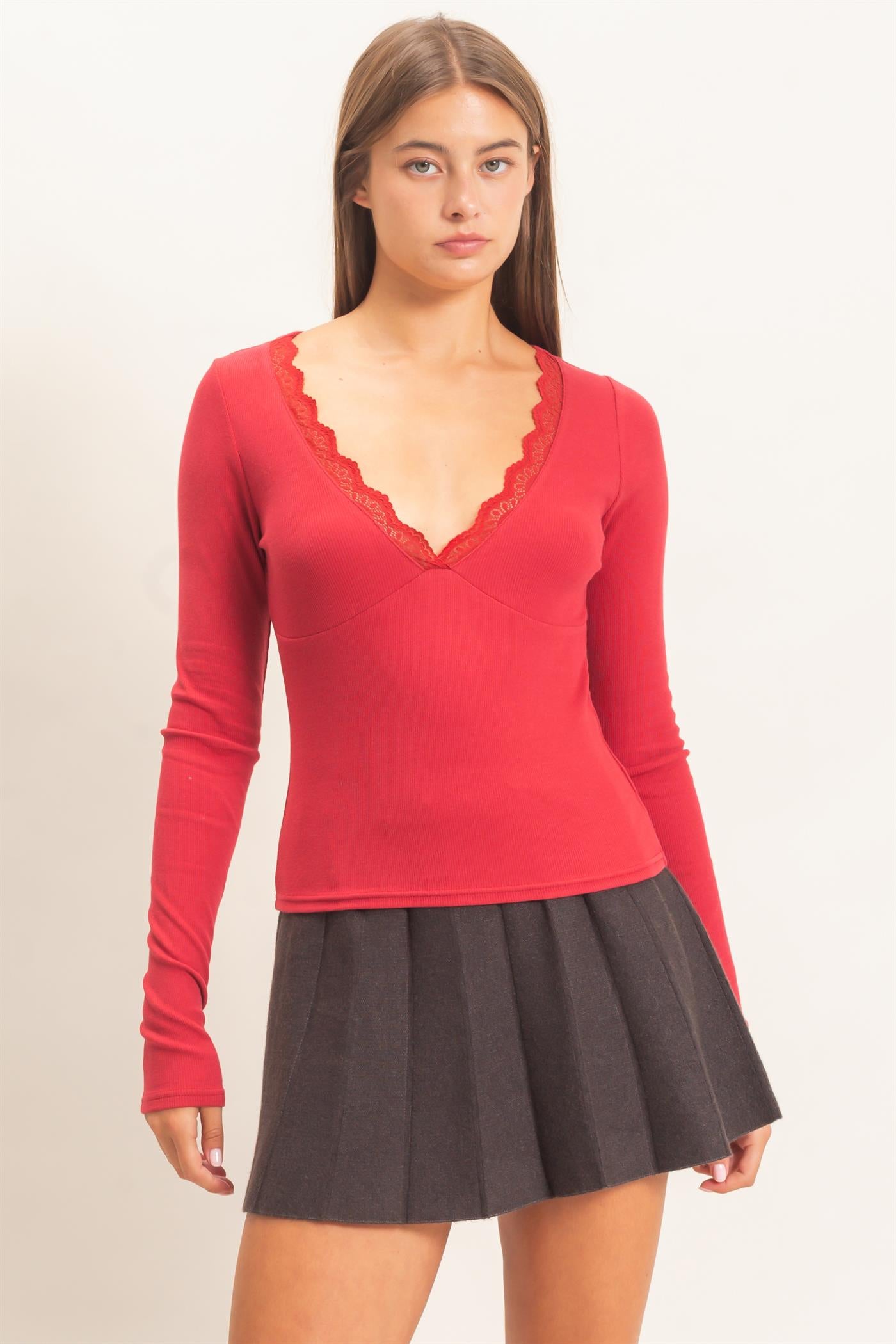 Wholesale Lace Trim V-Neck Top Clothing Tops DZ26E913 DARK RED DOUBLE ZERO