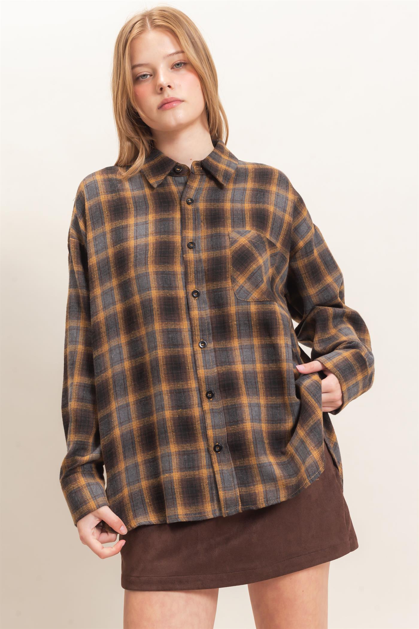 Wholesale Plaid Button-Up Shirt Clothing Tops HF26F017 MUSTARD HYFVE