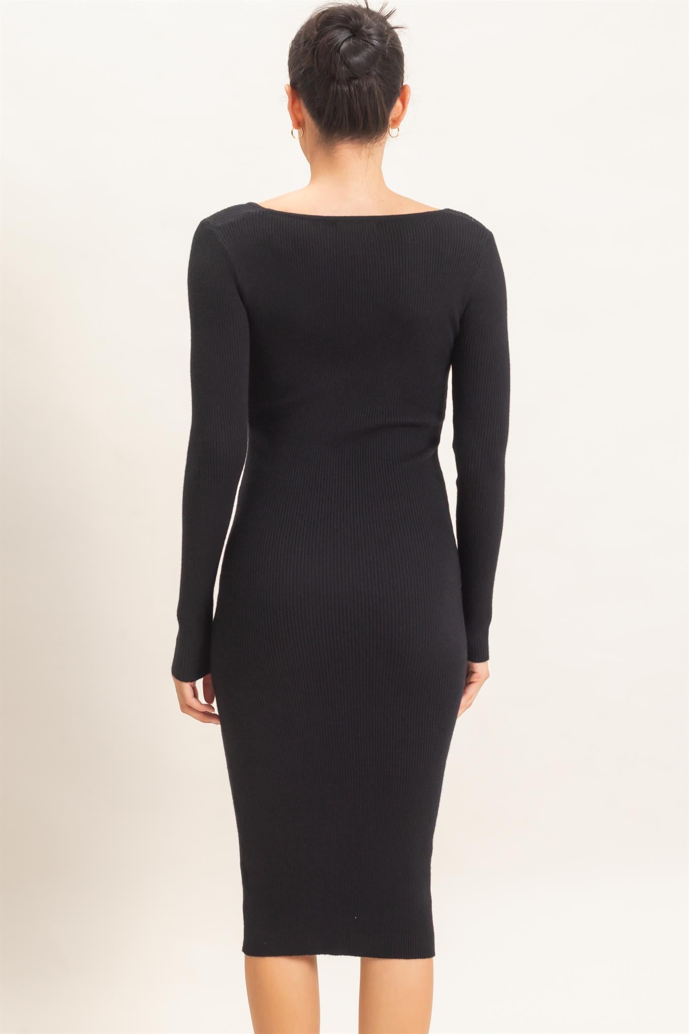 Wholesale Ribbed V-Neck Long Sleeve Dress Dresses HF26E217 BLACK HYFVE