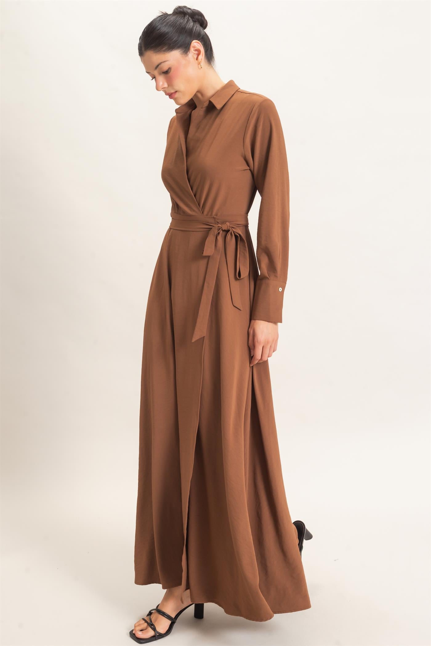 Wholesale Collared Wrap Shirt Dress Dresses HF25E869 BROWN HYFVE