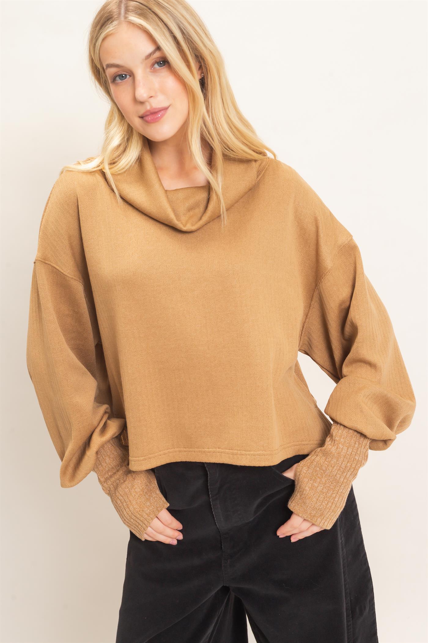 Wholesale Loose Turtleneck Long Sleeve Top Clothing Tops HF26F258 LIGHT BROWN HYFVE