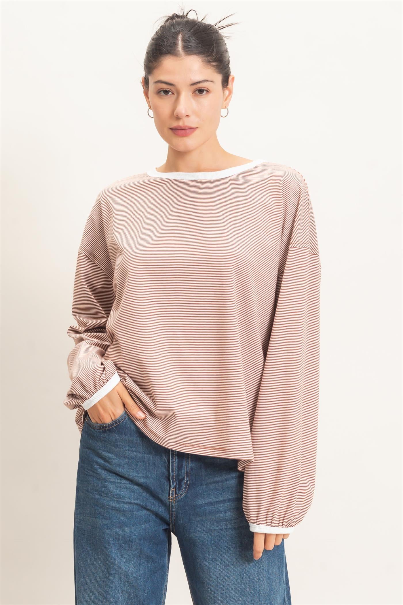 Wholesale Striped Boat Neck Long Sleeve Top Clothing Tops HF26E674 BRICK HYFVE
