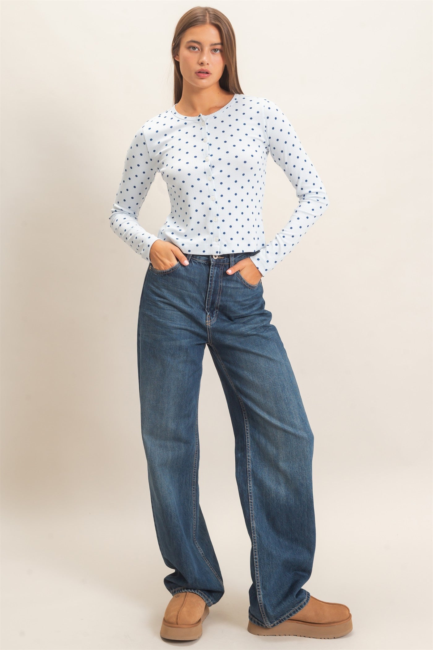 Wholesale Polka Dot Button Front Long Sleeve Top Clothing Tops DZ27A156 LIGHT BLUE DOUBLE ZERO