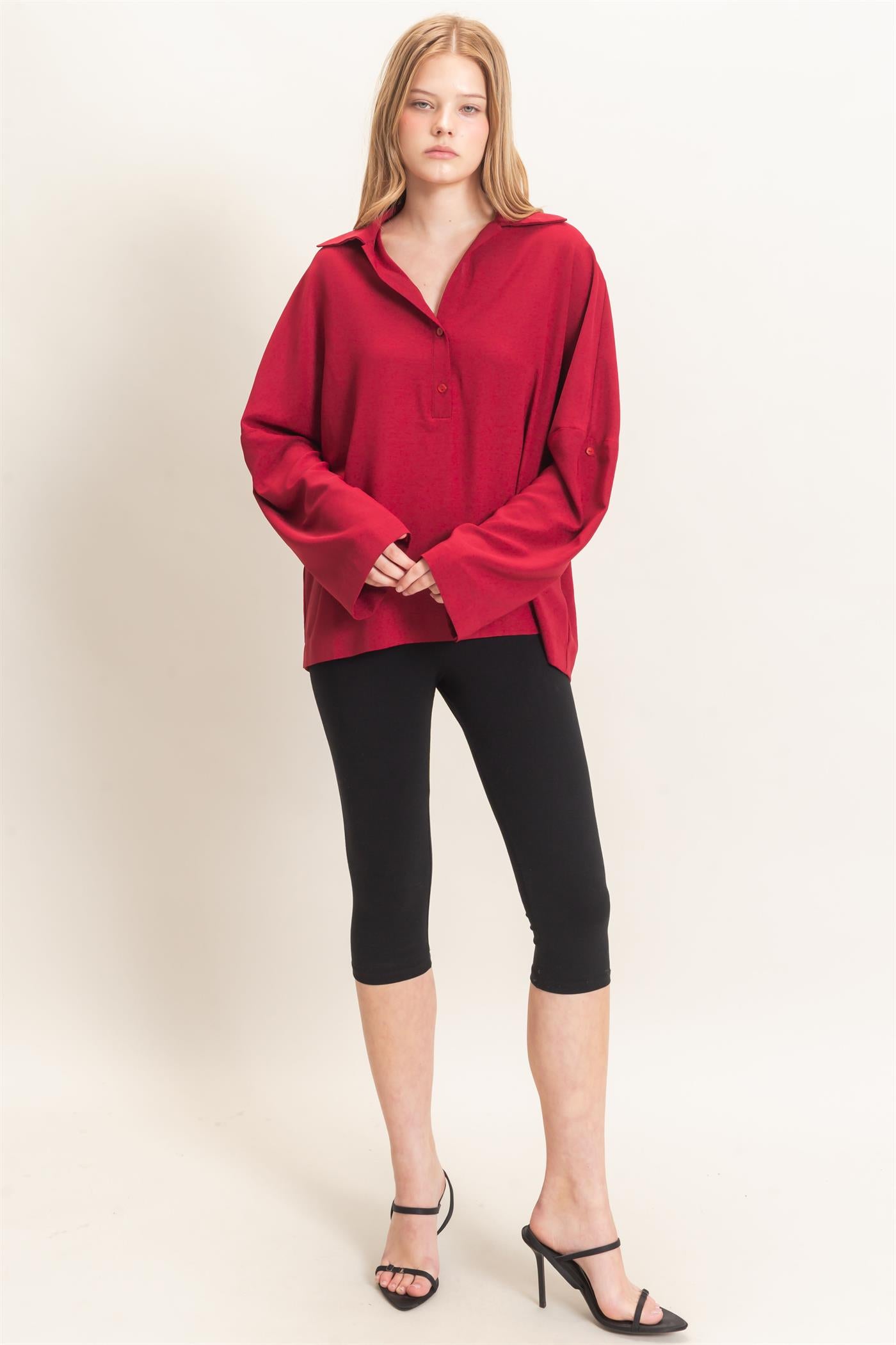Wholesale Buttoned Collar Split Sleeve Top Clothing Tops HF26F071 BURGUNDY HYFVE