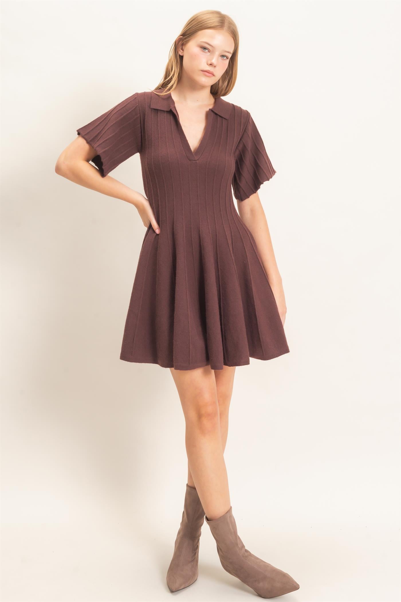 Wholesale Ribbed Knit Collared Dress Dresses HF26E365 CHESTNUT HYFVE