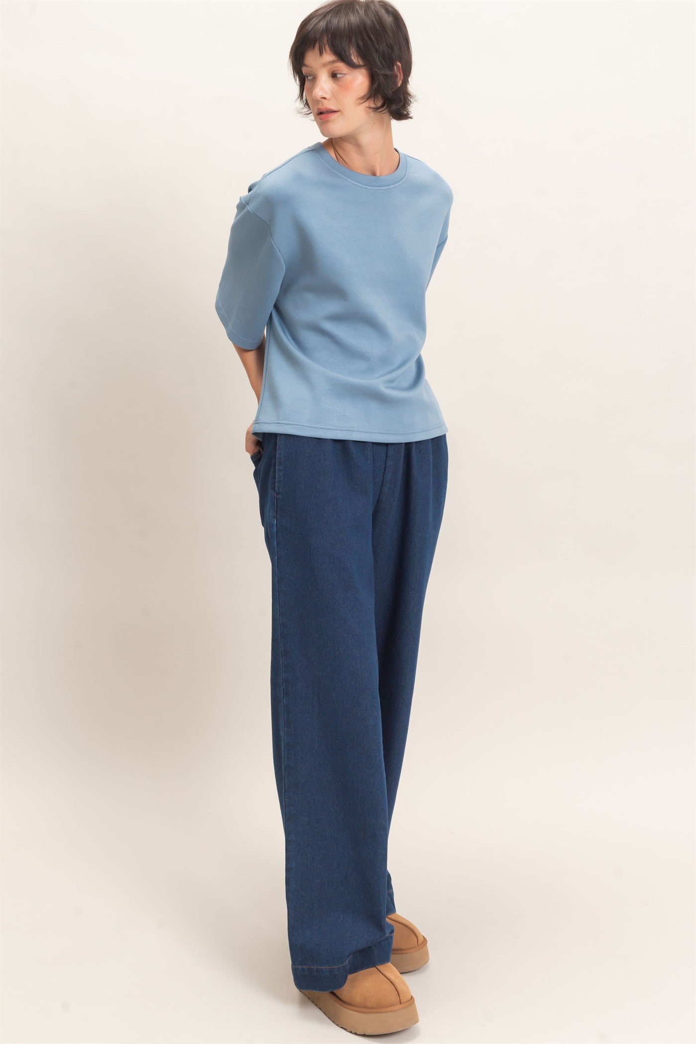 Wholesale Loose Fit Crew Neck Short Sleeve Top Clothing Tops DZ26C965 DUSTY BLUE DOUBLE ZERO
