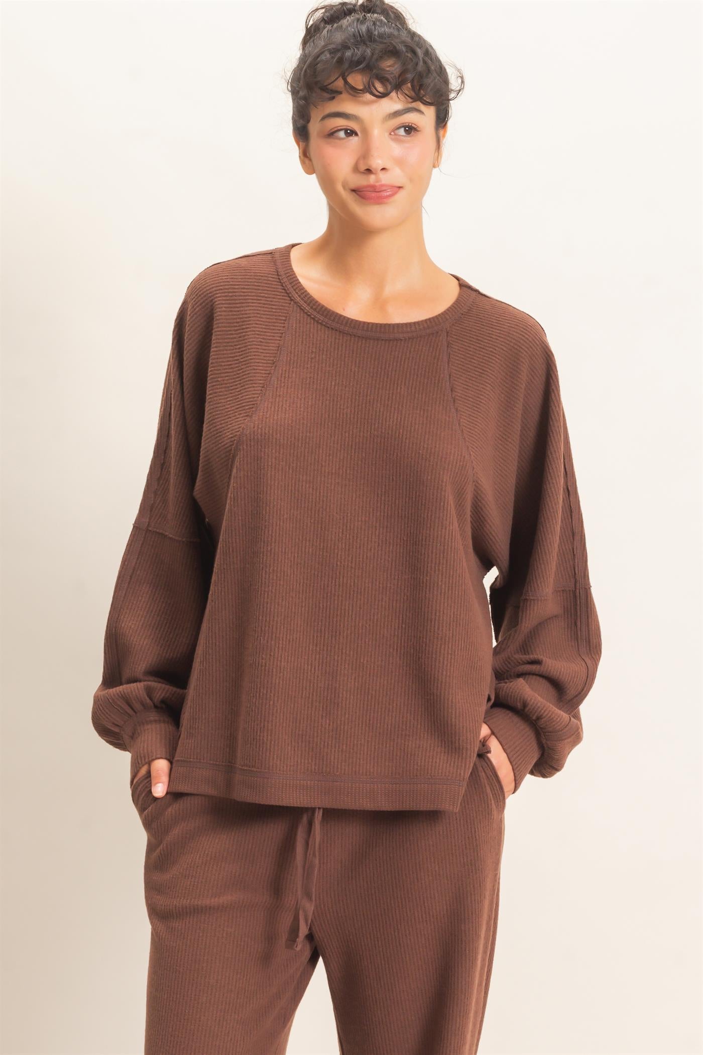 Wholesale Brushed Waffle Long Sleeve Top Clothing Tops DZ26F312 DARK BROWN DOUBLE ZERO