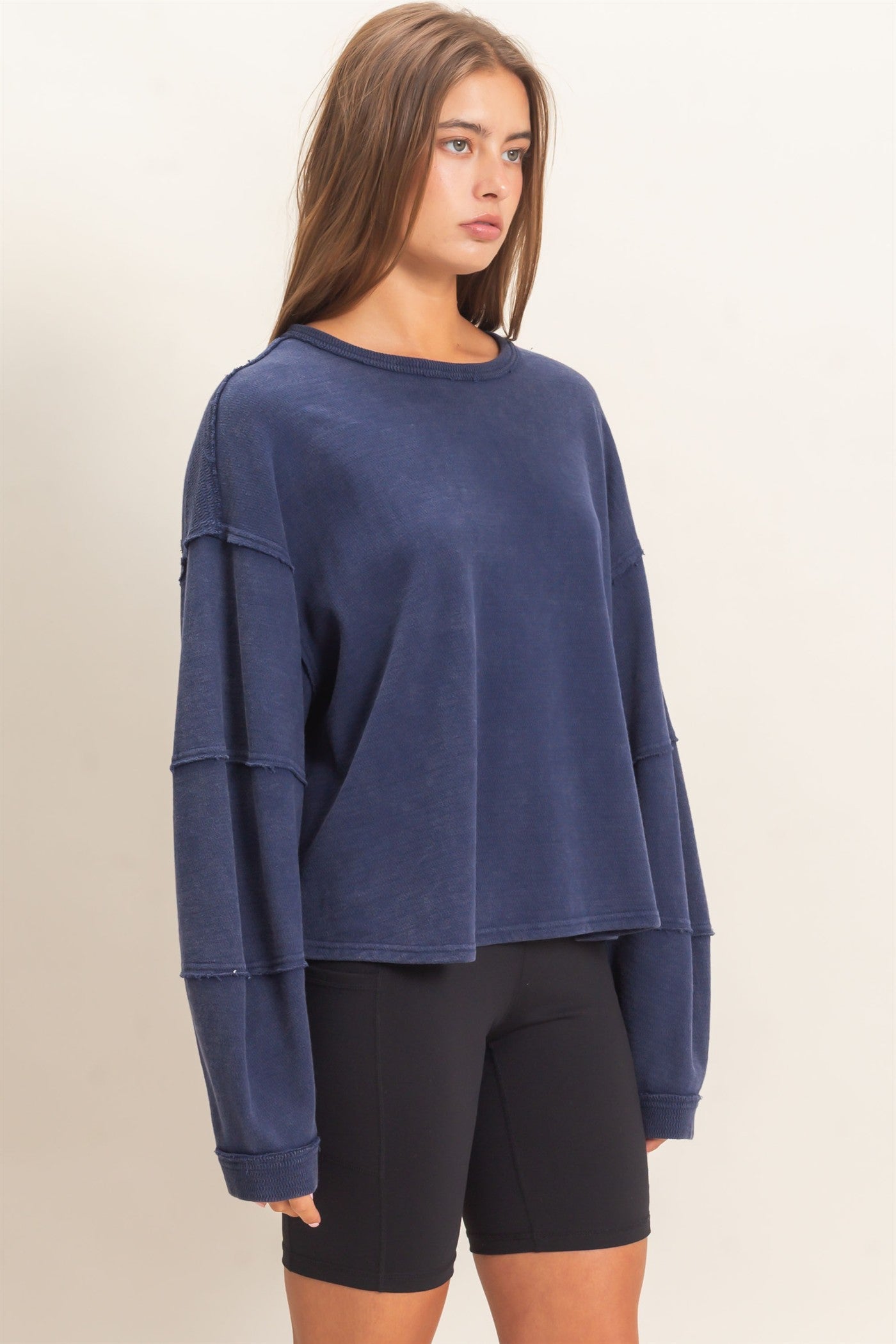 Wholesale Mineral Wash Overzised Raw Edge Crew Neck Top Clothing Tops DZ26E449 NAVY DOUBLE ZERO