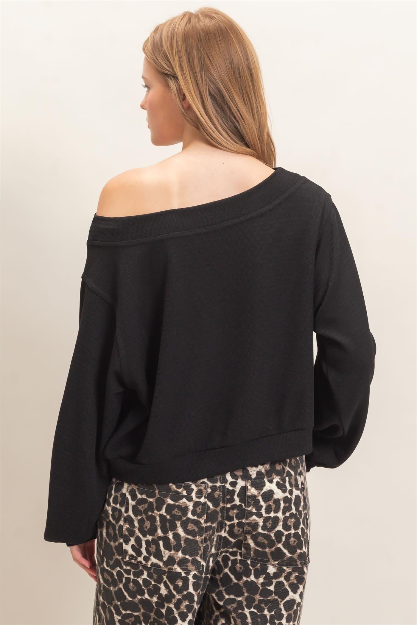 Wholesale Off Shoulder Knit Sweatshirt Blouses HF26F028 BLACK HYFVE