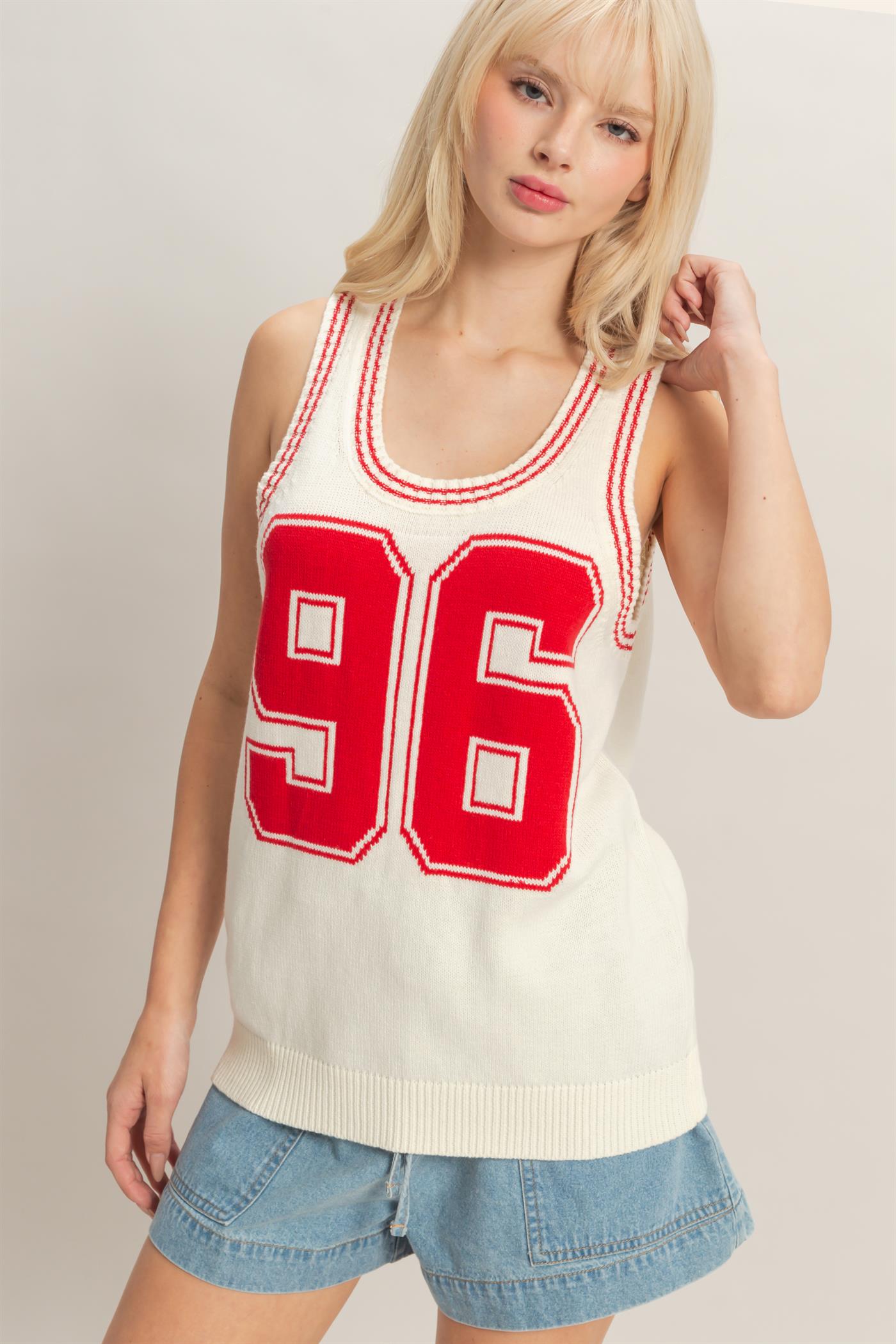 Wholesale Number Graphic Knit Tank Top Tank Tops DZ26A821 RED DOUBLE ZERO