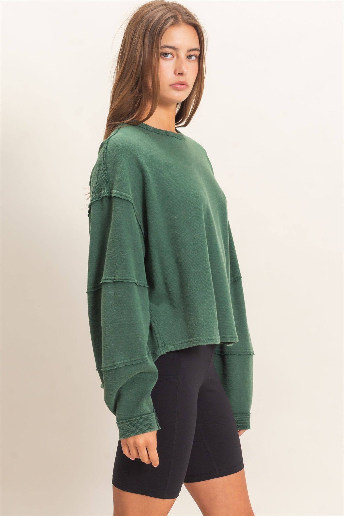 Wholesale Mineral Wash Overzised Raw Edge Crew Neck Top Clothing Tops DZ26E449 DARK GREEN DOUBLE ZERO