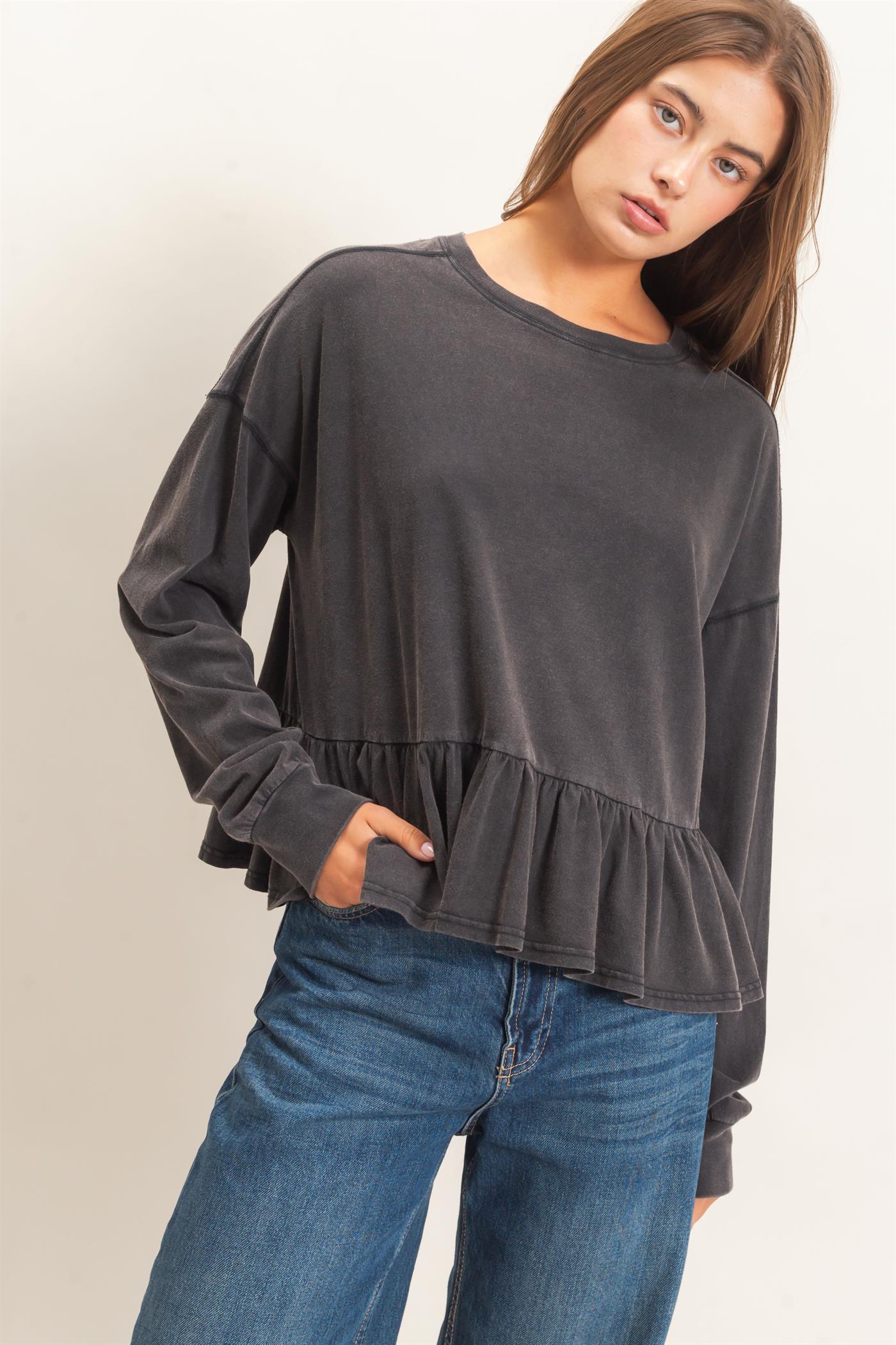 Wholesale Peplum Long Sleeve Top Clothing Tops DZ26F397 BLACK DOUBLE ZERO