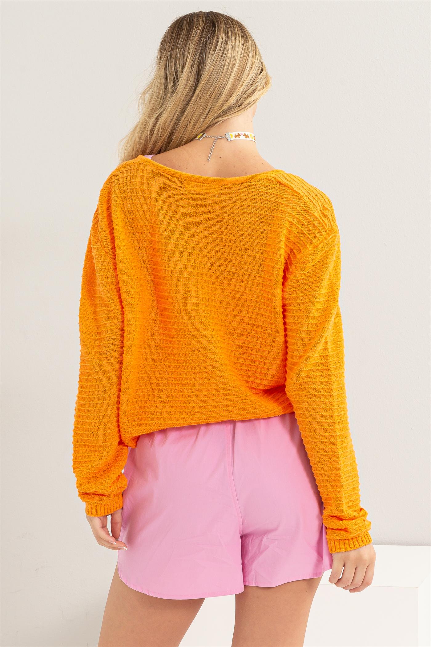 Wholesale V Neck Dropped Shoulder Sweater Clothing Tops DZ24A559 ORANGE DOUBLE ZERO