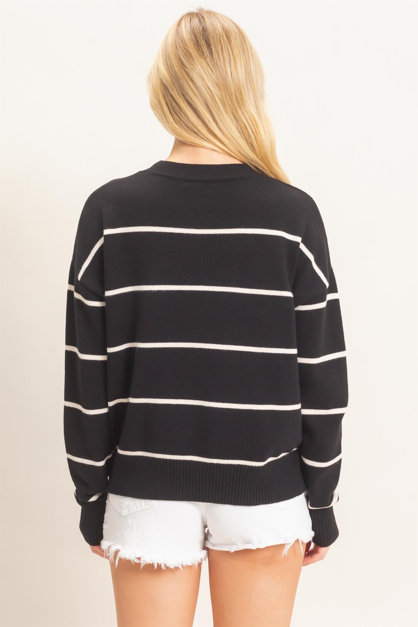 Wholesale Striped Ribbed Crew Neck Sweater Sweaters HF26F169 BLACK HYFVE