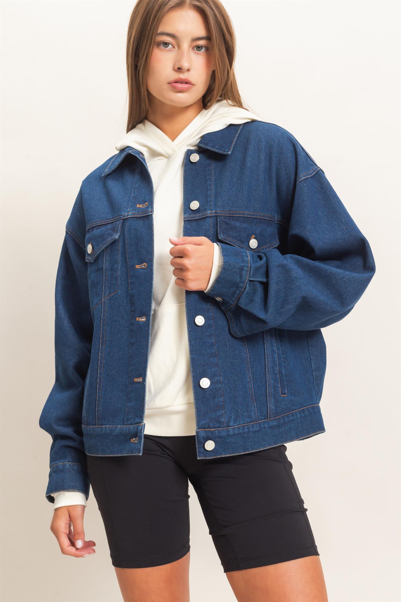 Wholesale Oversized Denim Trucker Jacket Coats & Jackets DZ26E804 DARK BLUE DOUBLE ZERO