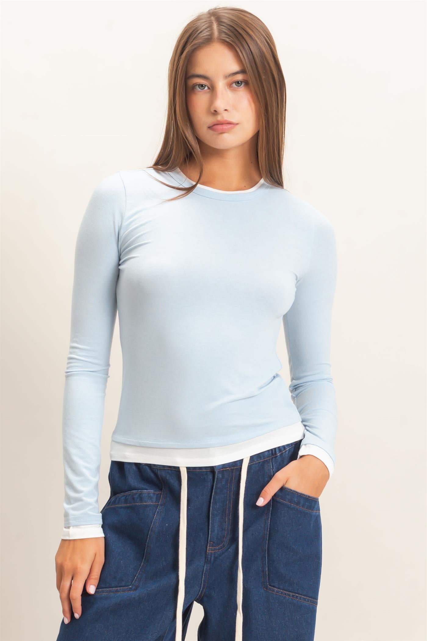 Wholesale Layered Effect Long Sleeve Top Clothing Tops DZ26F341 ICE BLUE DOUBLE ZERO