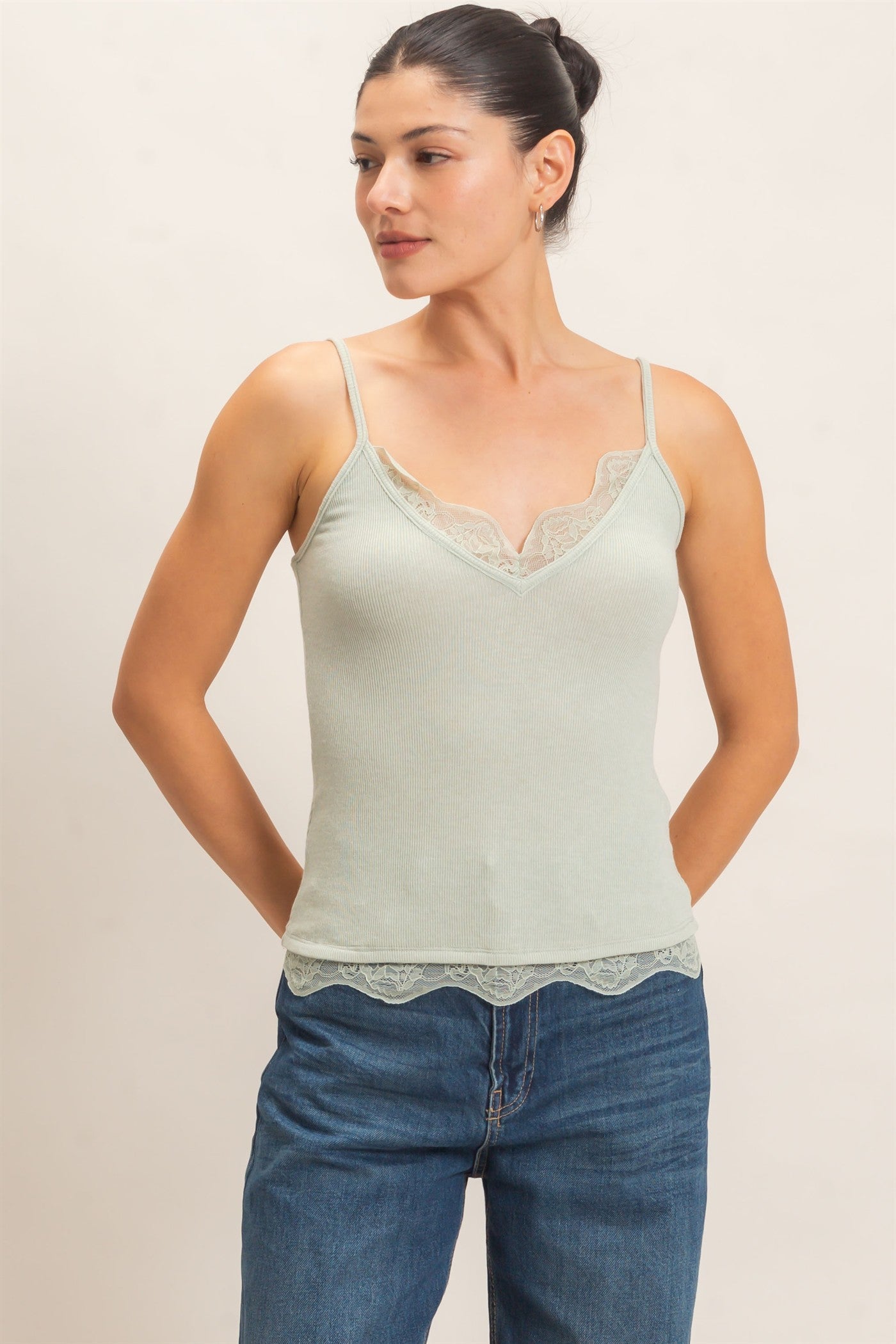 Wholesale Knit Lace Trim Camisole Tank Tops HF26E014 SAGE GEEEN HYFVE
