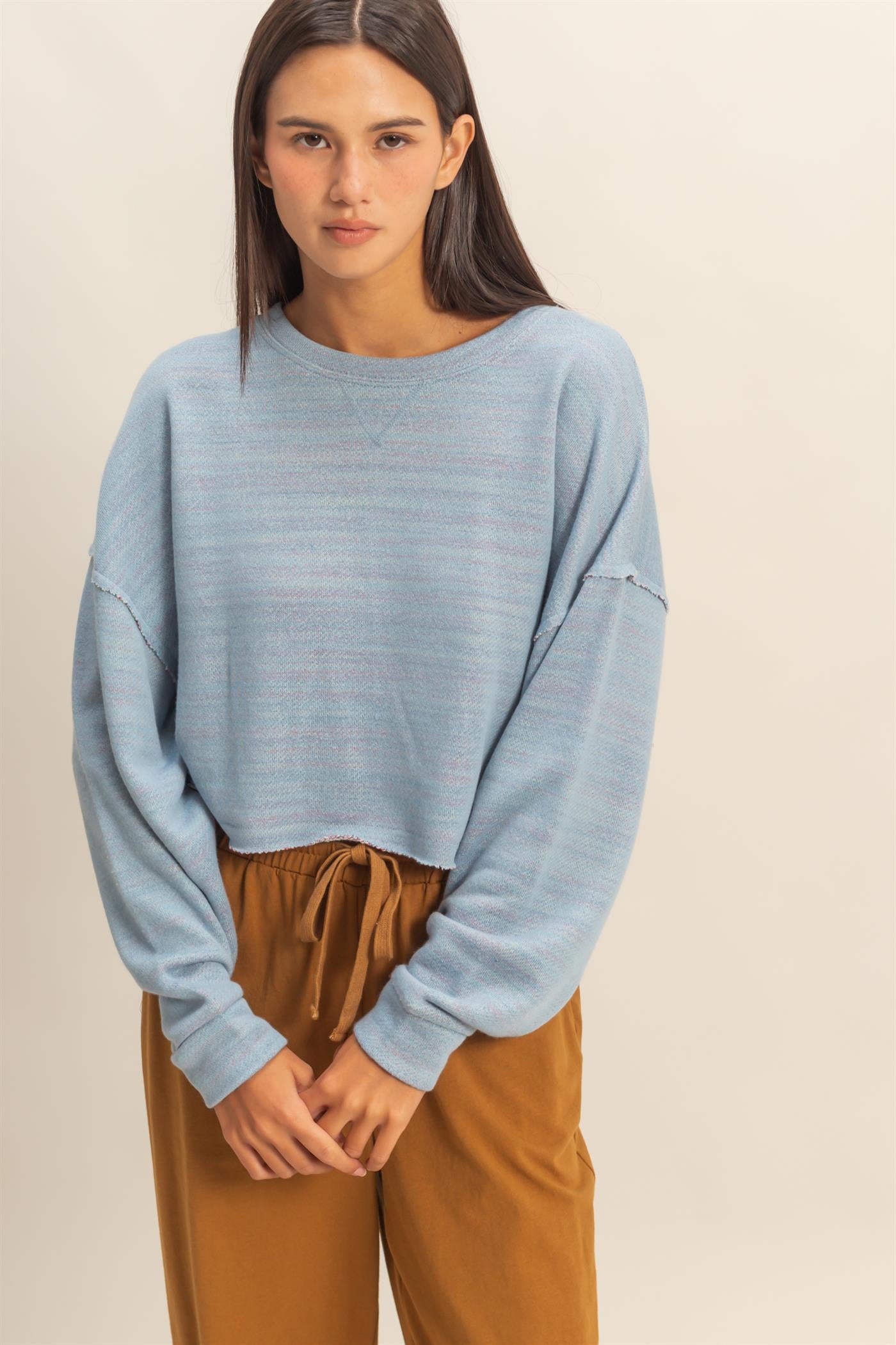 Wholesale Drop-Shoulder Cropped Top Clothing Tops DZ22G906 DUSTY BLUE DOUBLE ZERO