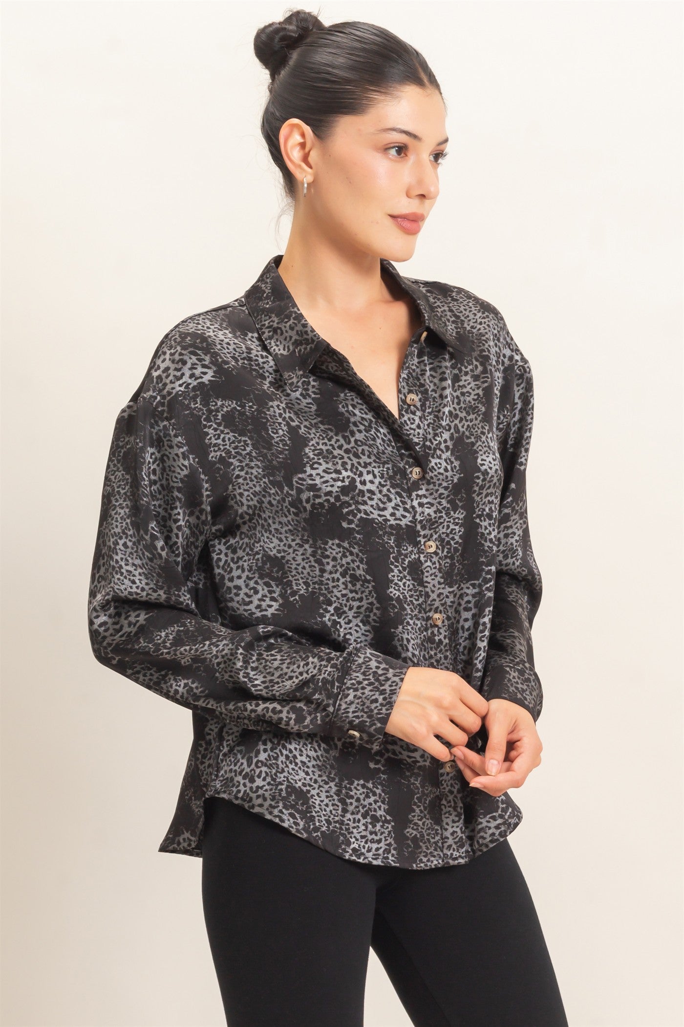 Wholesale Leopard Satin Button-Up Shirt Clothing Tops HF26E159 BLACK HYFVE
