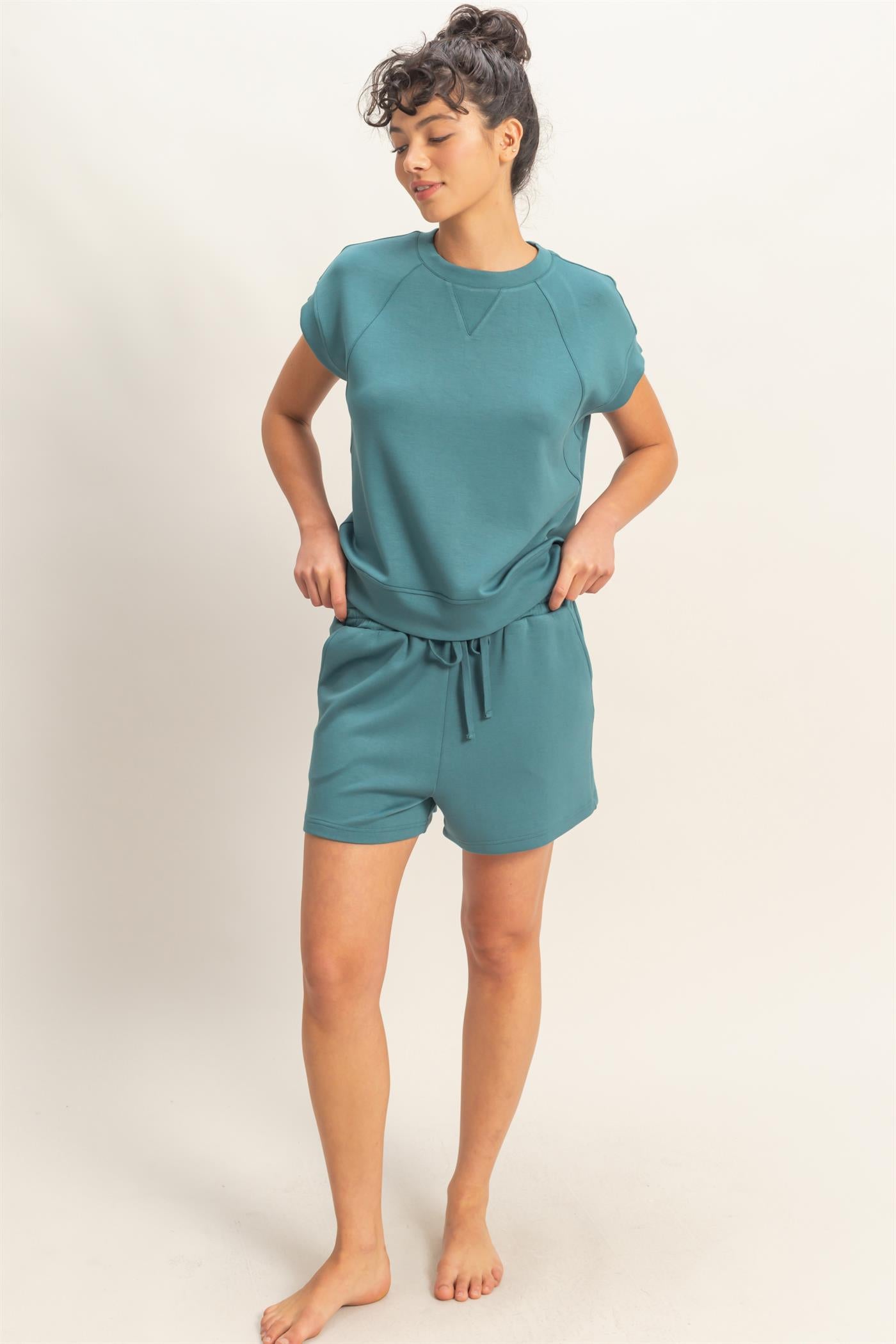 Wholesale Crew Neck Sleeveless Top And Shorts Set Clothing DZ26C575-SET DARK TEAL DOUBLE ZERO